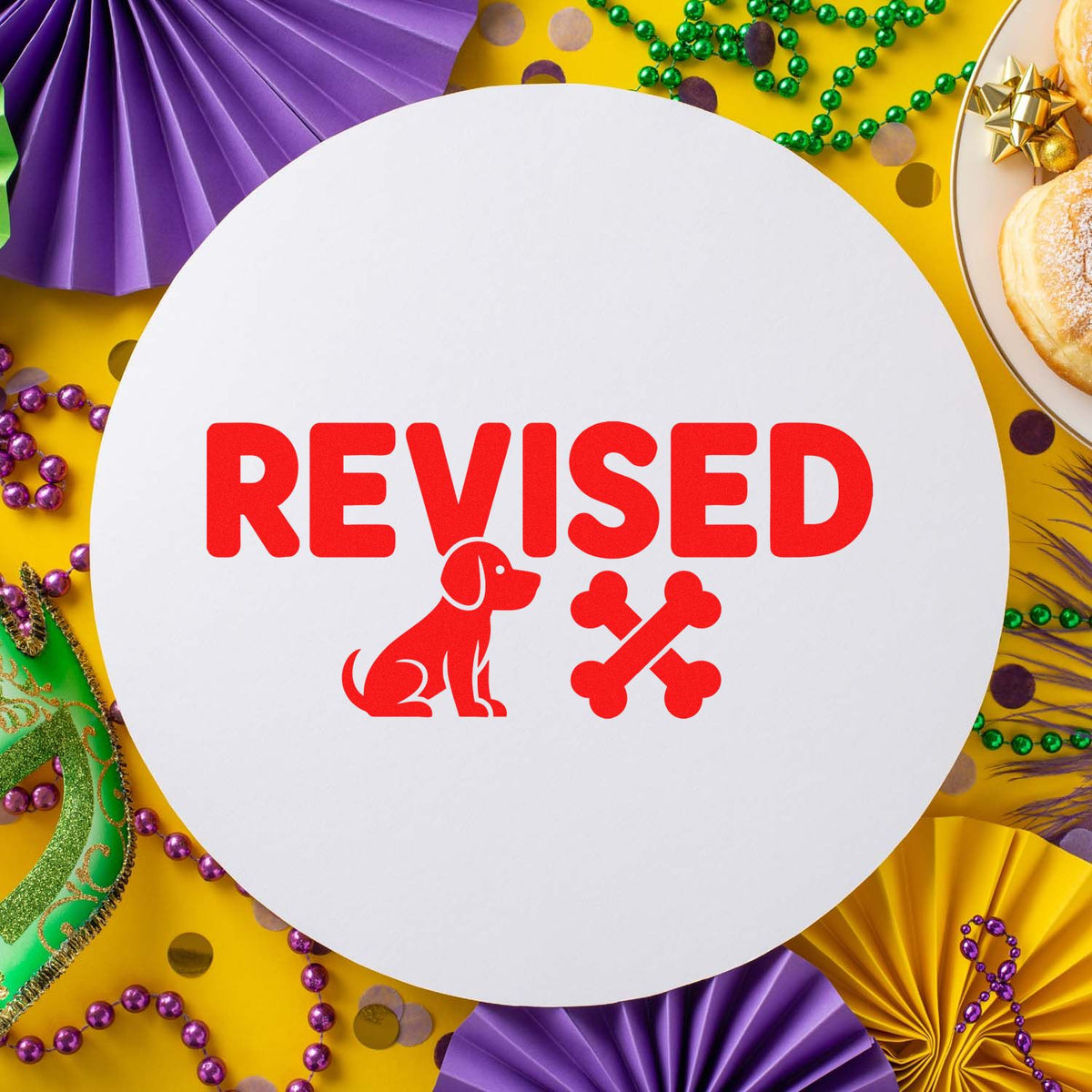 Revised rubber stamp design with dog and bones icon on a festive Mardi Gras background.