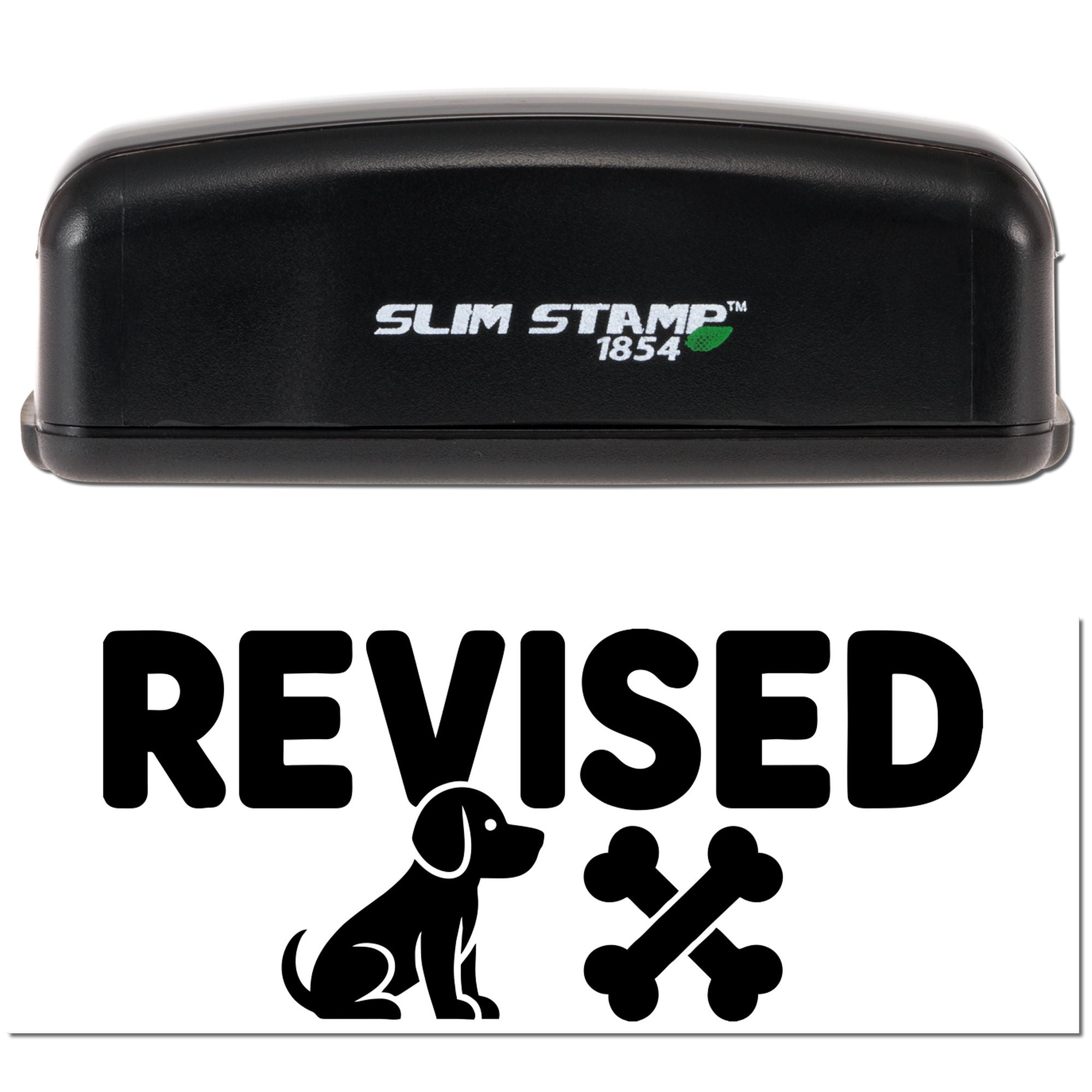Revised self-inking rubber stamp with dog and bones icon for pet-related document approval.