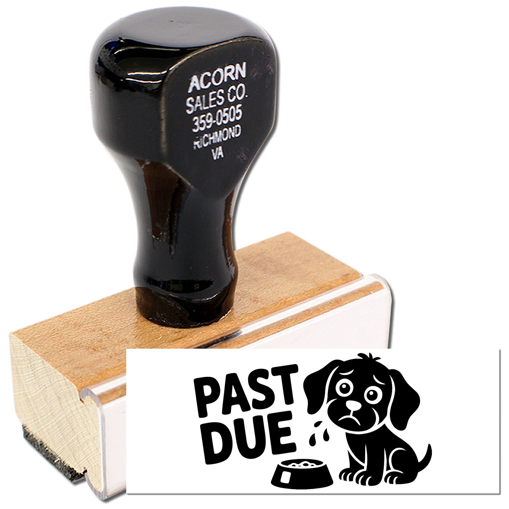 Past Due dog rubber stamp on wooden handle, ideal for pet-themed reminder notices and office mailing labels.