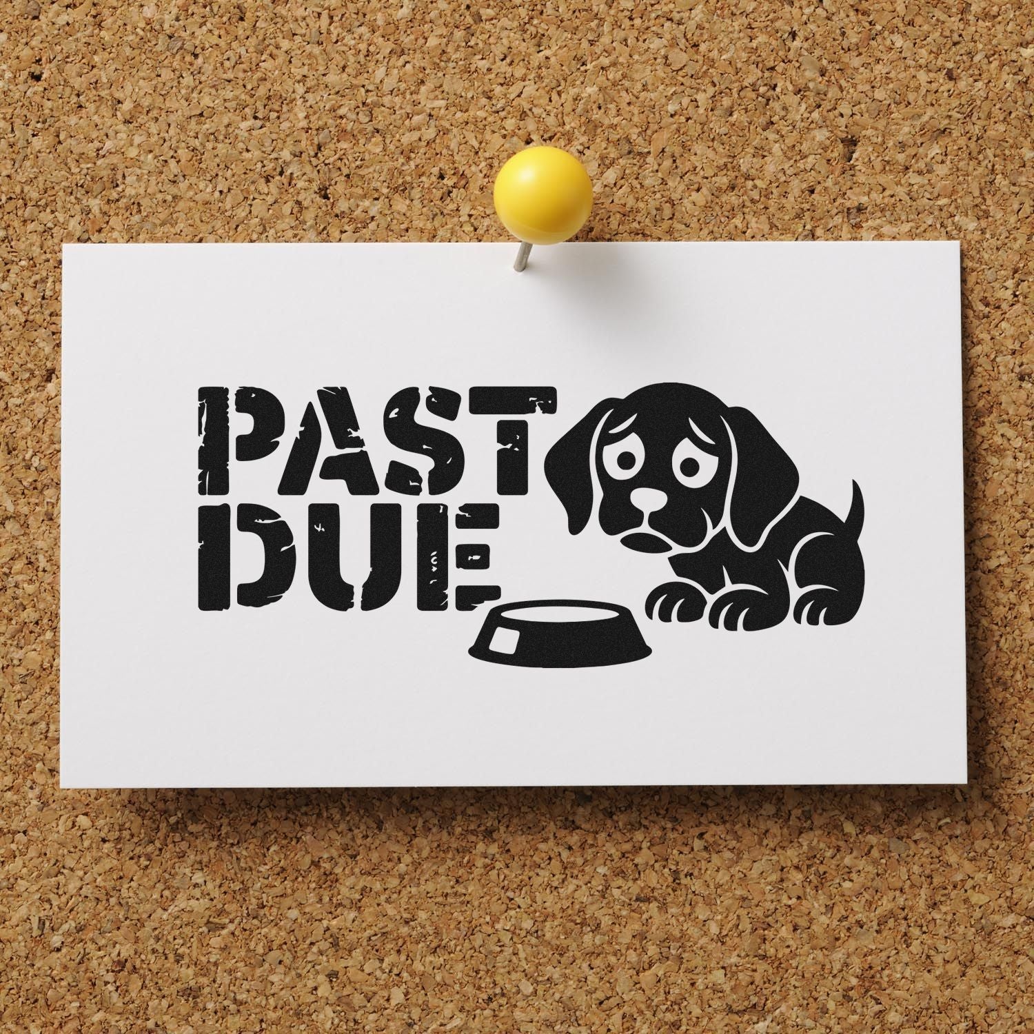 Past Due rubber stamp design with sad dog and food bowl, ideal for pet care reminders and overdue payment notices.
