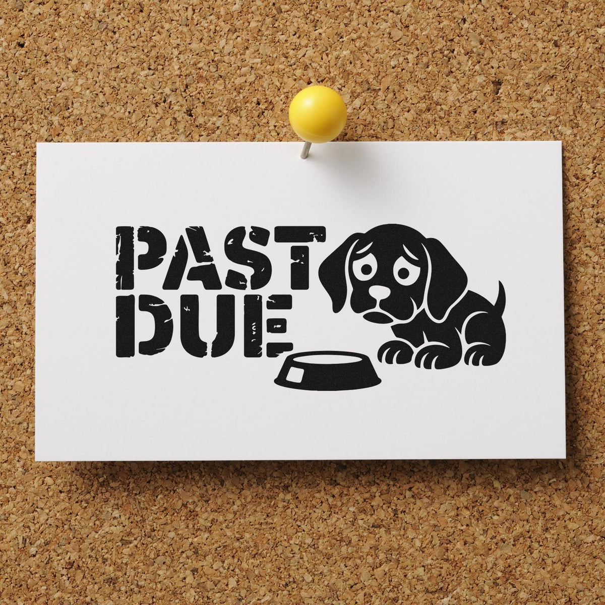 Past Due rubber stamp design with sad dog and bowl, ideal for pet care reminders and overdue payment notices.