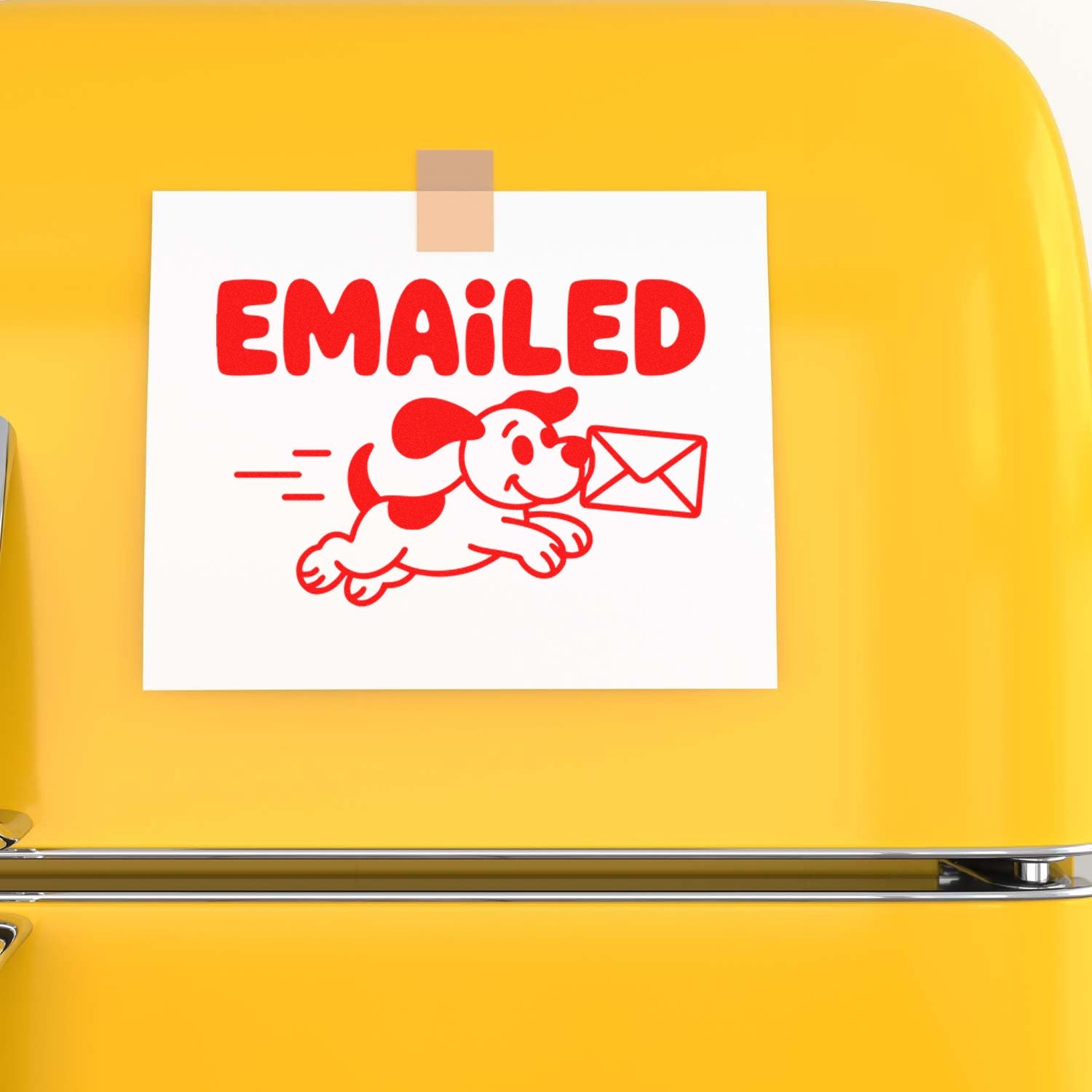 Emailed rubber stamp with dog and envelope design for office mail tracking on a bright yellow background