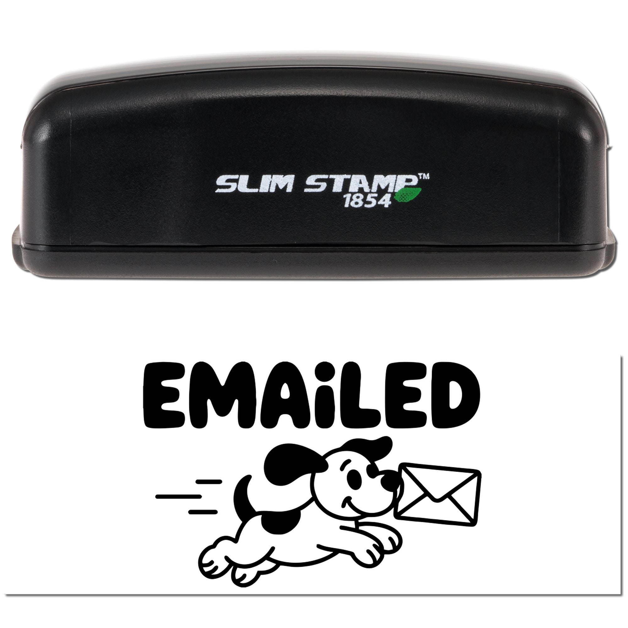 Slim Stamp 1854 self-inking rubber stamp with Emailed dog-and-envelope design for office mail tracking and sorting.