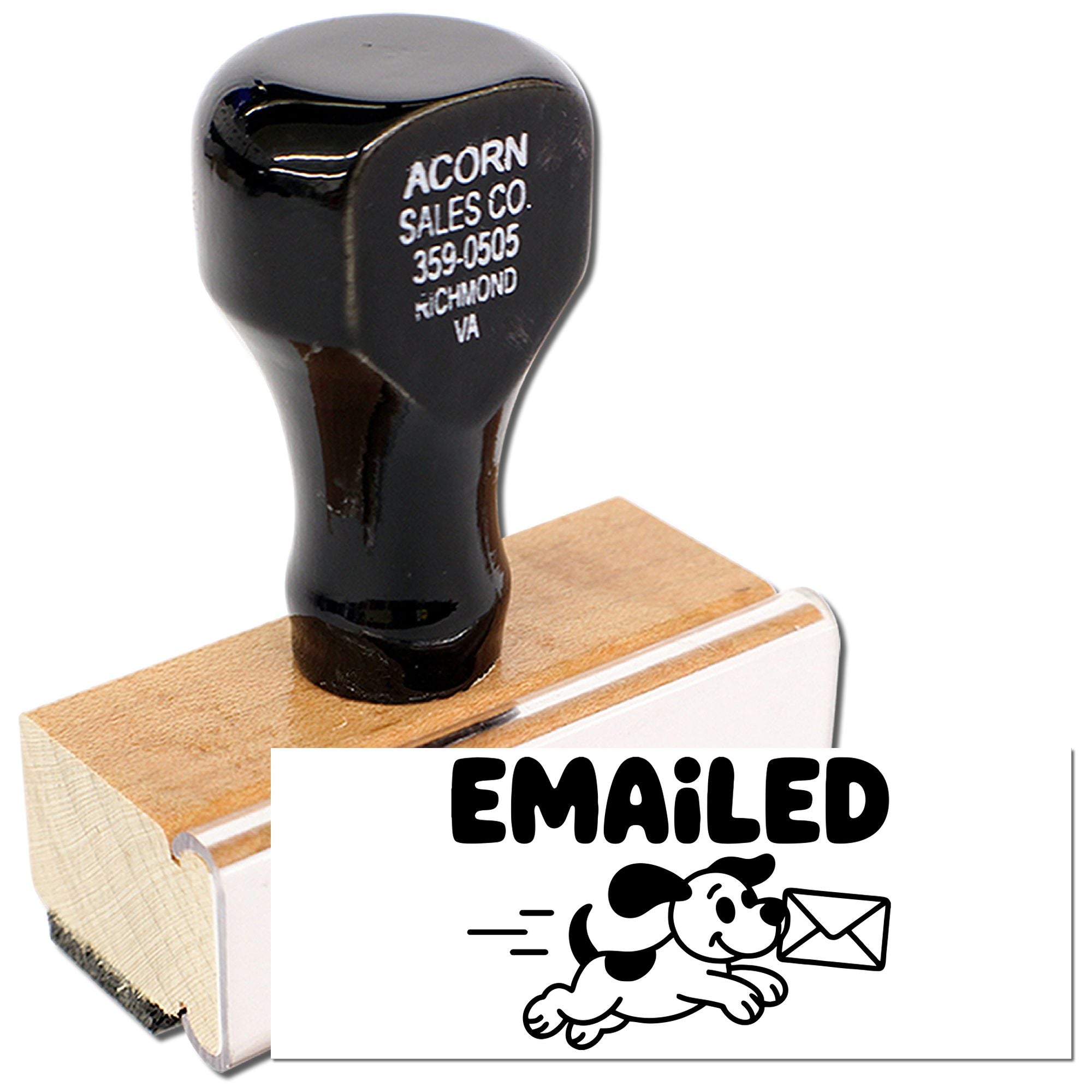 Custom rubber stamp with Emailed dog-and-envelope design for marking mailed correspondence or office documents.