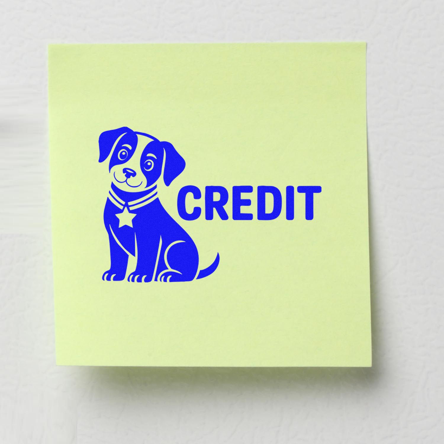 Blue credit rubber stamp with dog mascot on sticky note for office approval and bookkeeping marking