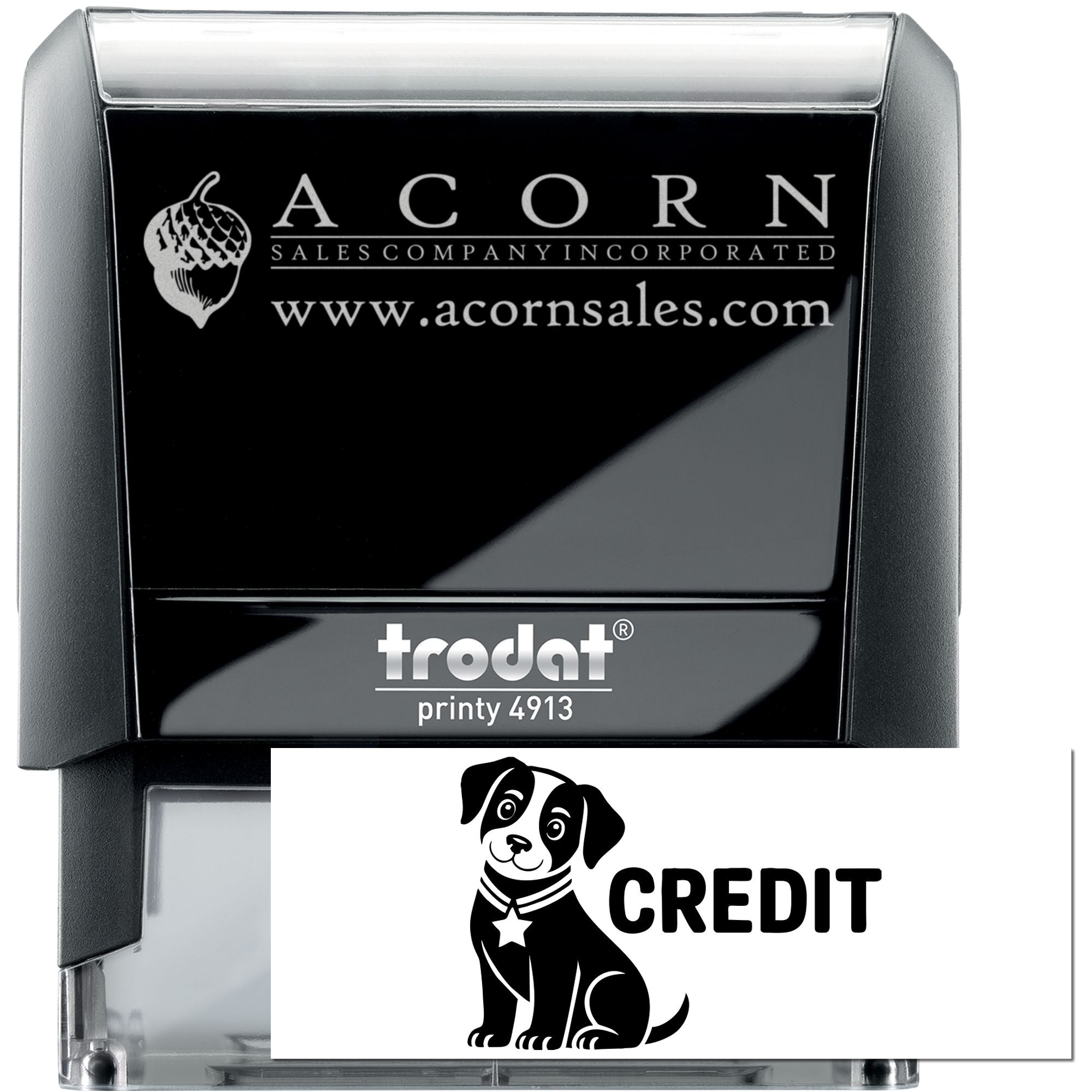 Custom self-inking rubber stamp, Trodat Printy 4913, featuring Acorn Sales logo and credit dog design for business use.