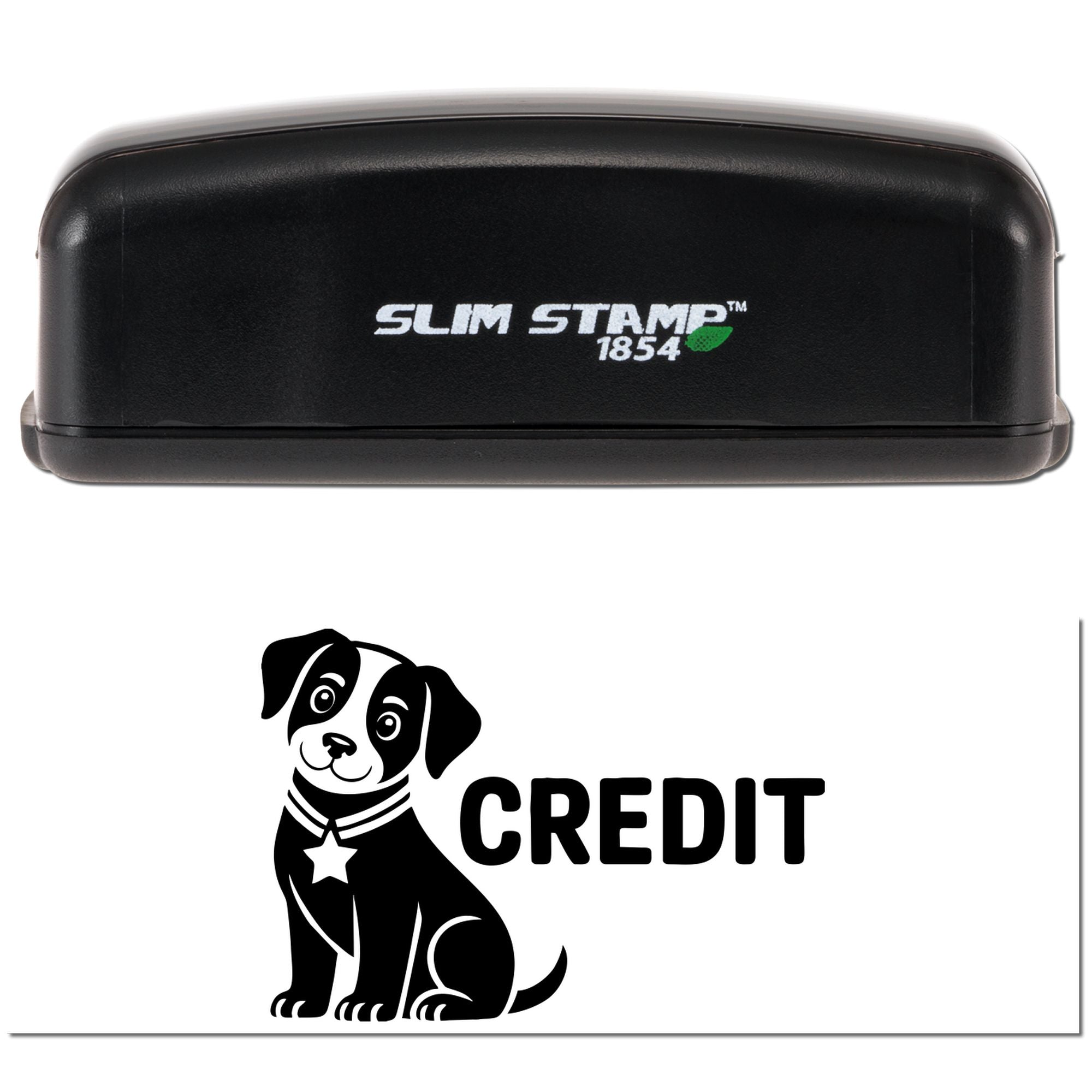 Slim Stamp 1854 credit rubber stamp with dog logo for custom business documents and office use.