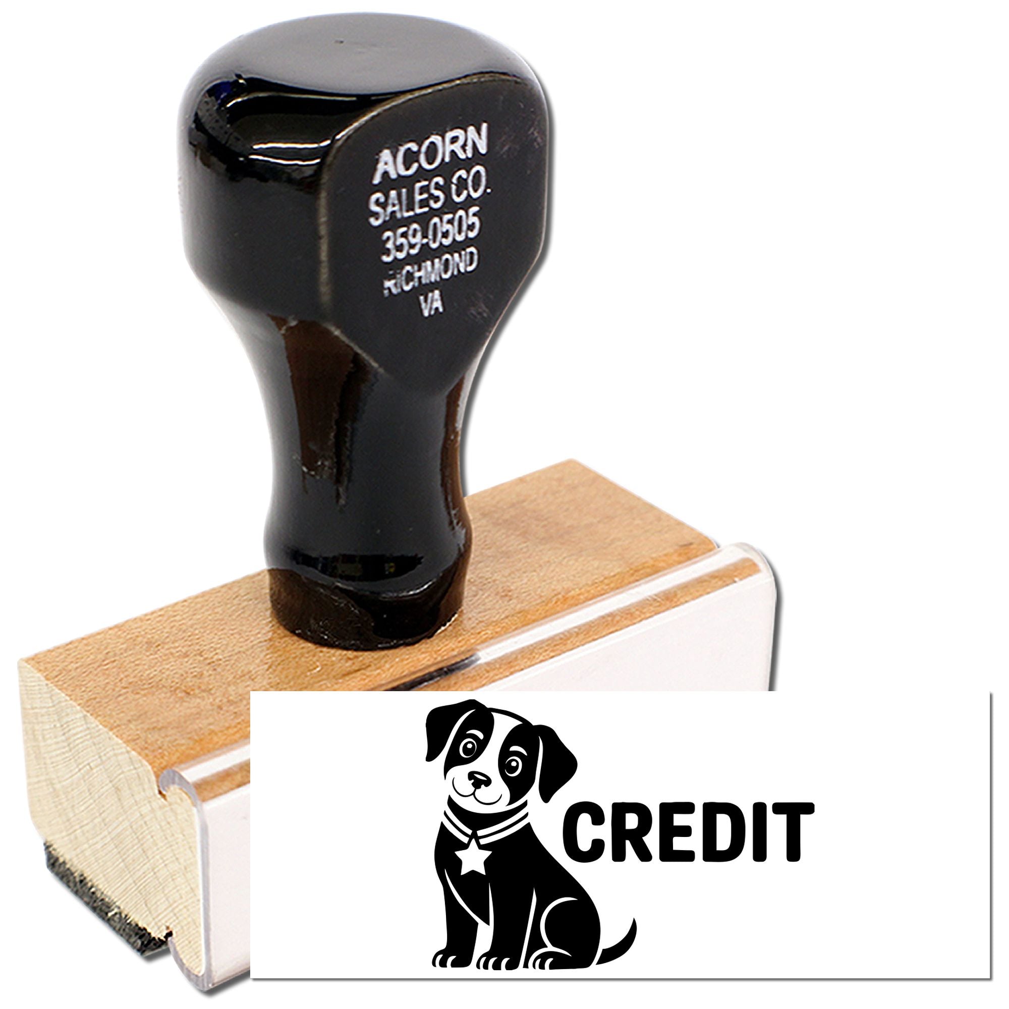 Custom dog credit rubber stamp with wooden handle for business branding and office marking.
