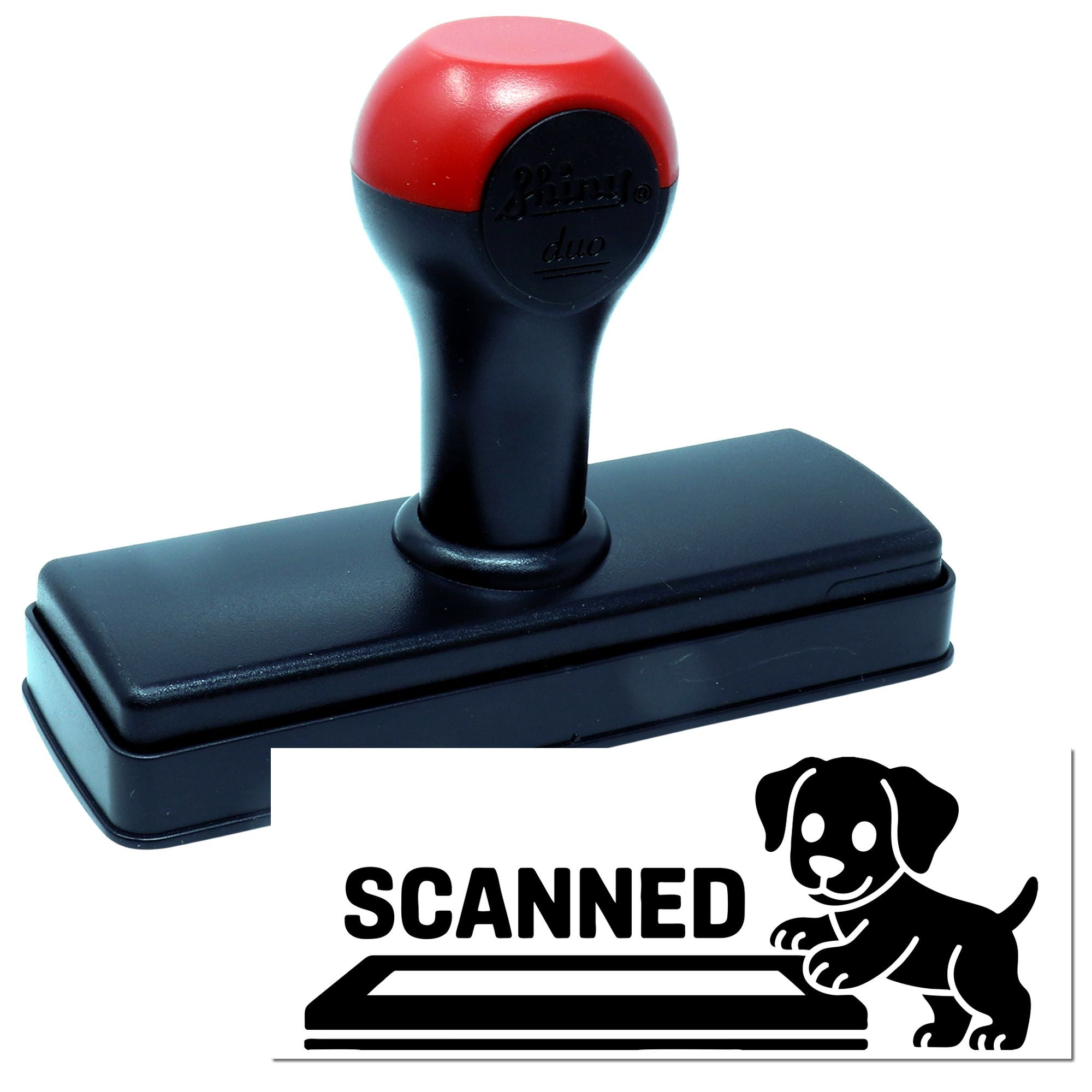 Self-inking rubber stamp with Scanned dog logo imprint for office document marking