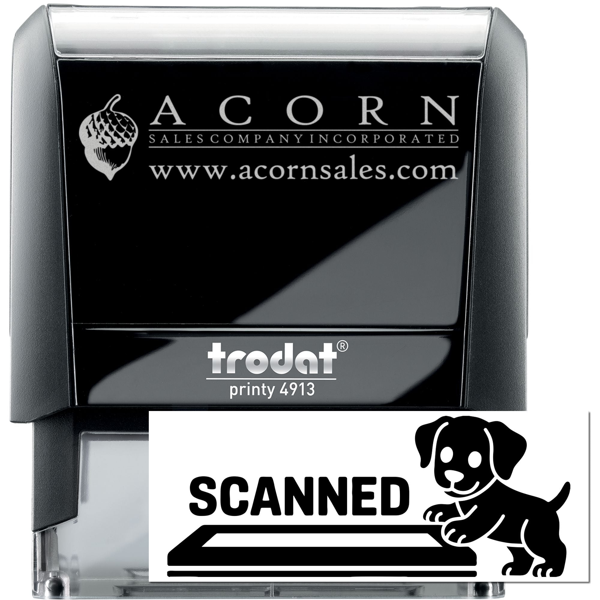 Custom Trodat Printy 4913 self-inking rubber stamp with Acorn Sales Company logo and website for business branding