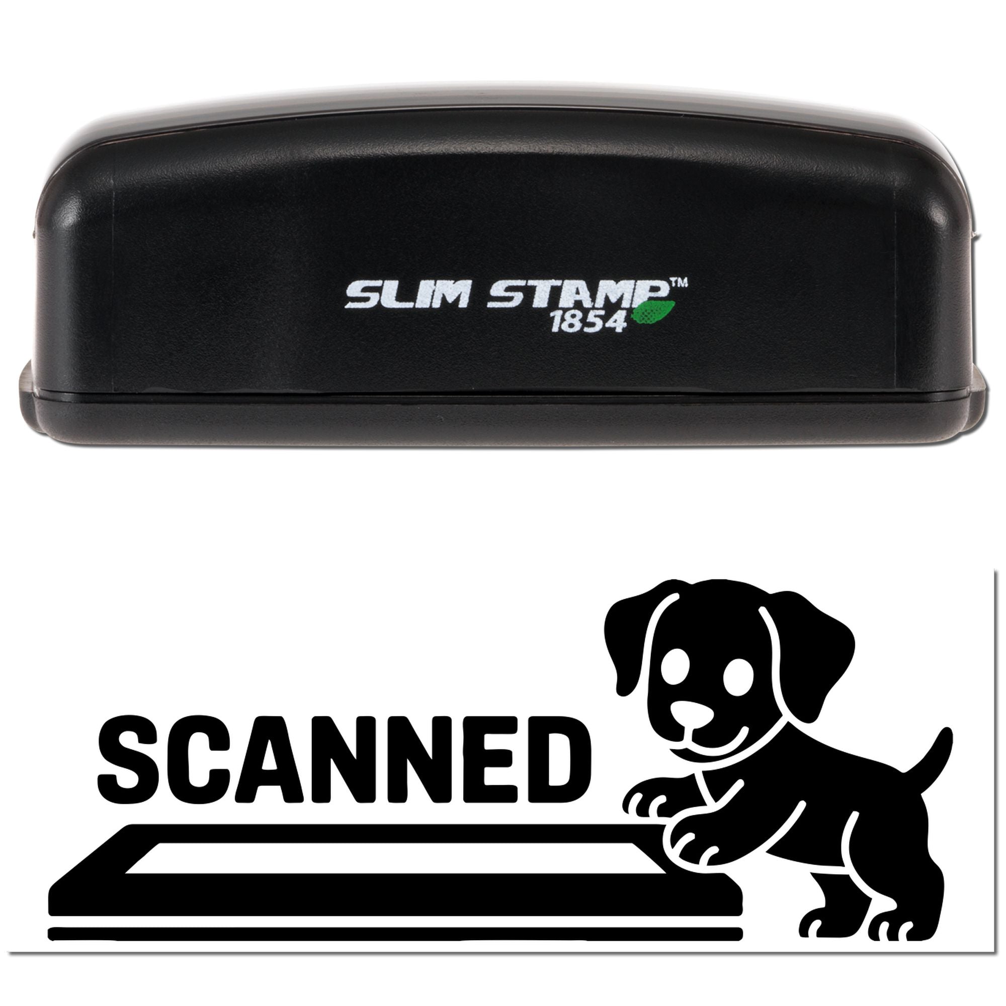 Slim Stamp 1854 self-inking rubber stamp showing scanned dog-and-scanner imprint