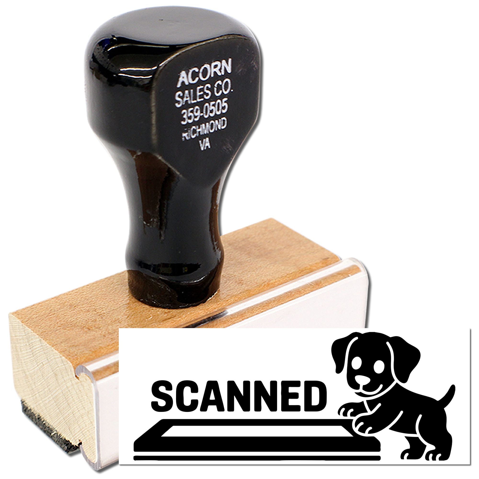 Custom rubber stamp with SCANNED dog logo for pet document processing and file marking.