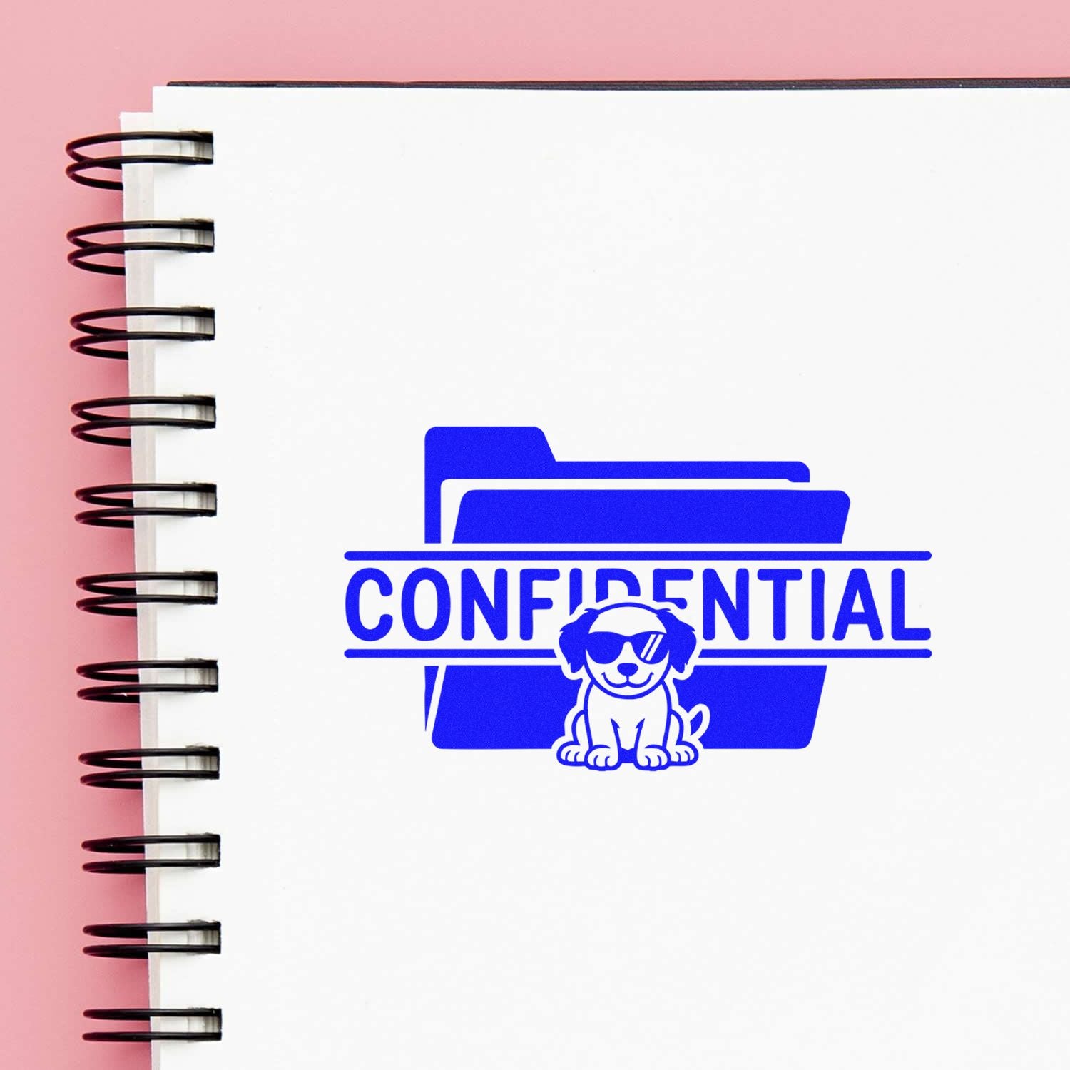 Confidential rubber stamp design with folder icon and dog logo on notebook, ideal for secure document marking.