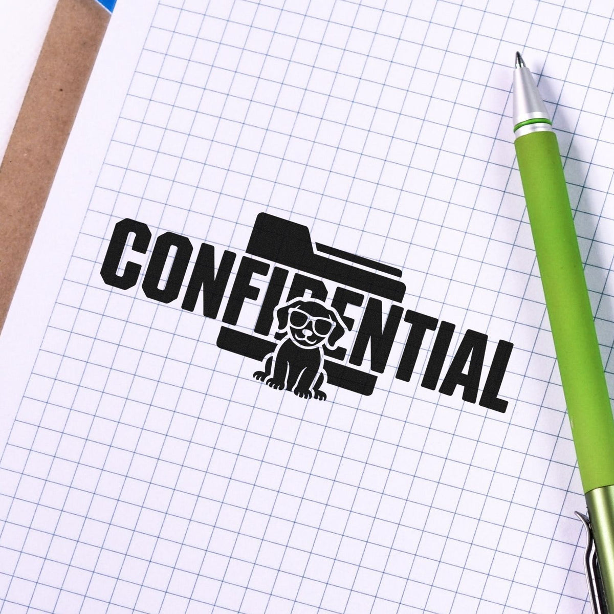 Confidential rubber stamp design with folder icon on graph paper, ideal for office document marking and security labeling.