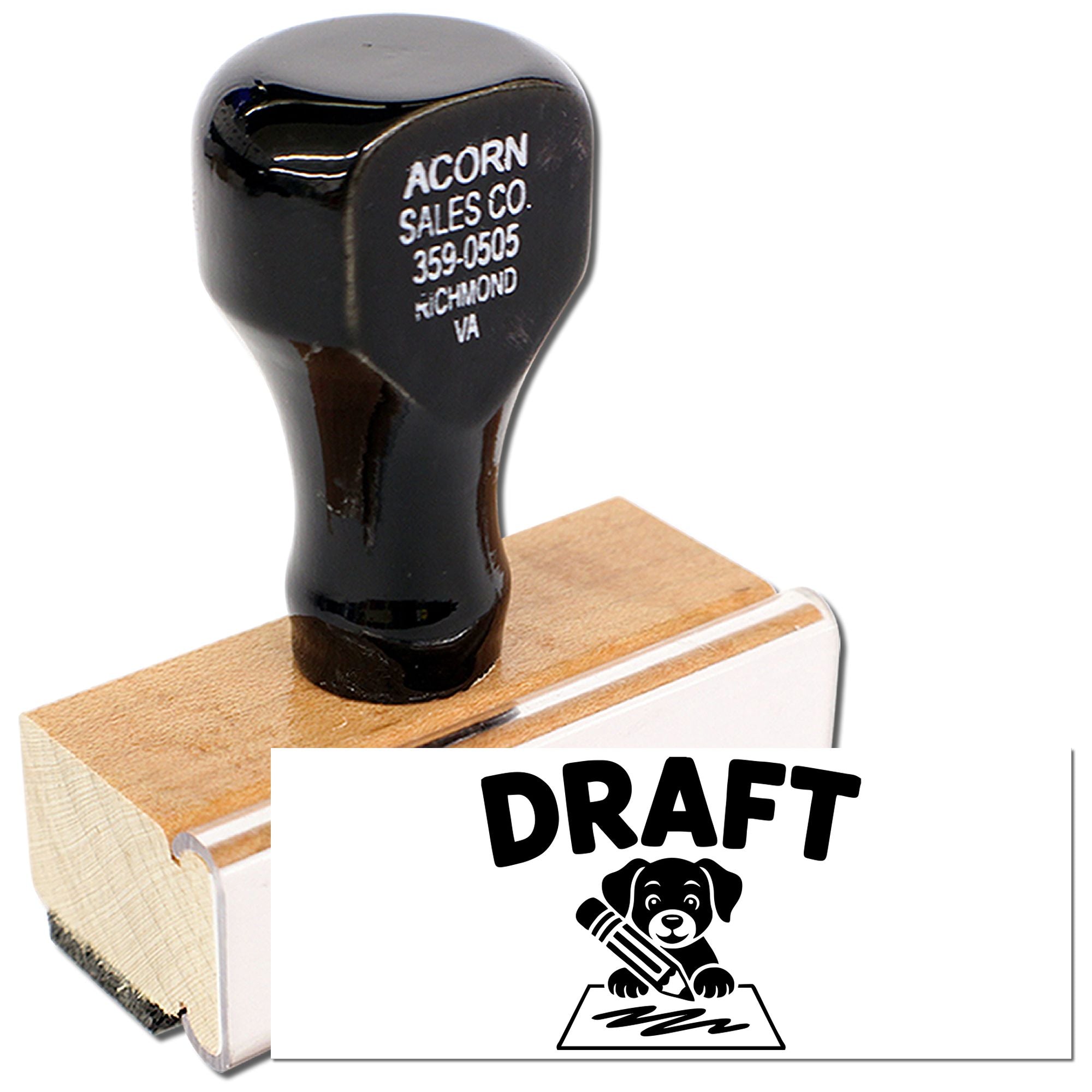 Wooden rubber stamp with DRAFT imprint and dog logo, ideal for marking office documents and proof copies.