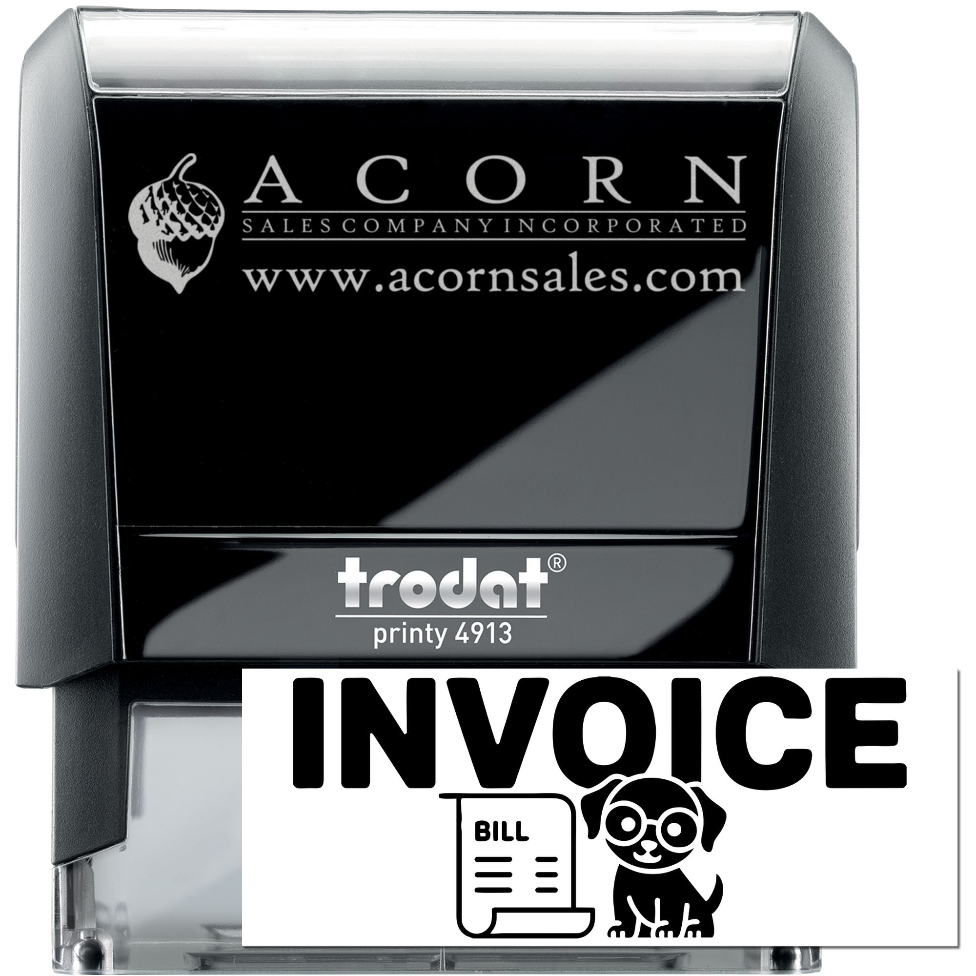 Self-inking Trodat Printy 4913 invoice rubber stamp for business billing and bookkeeping.