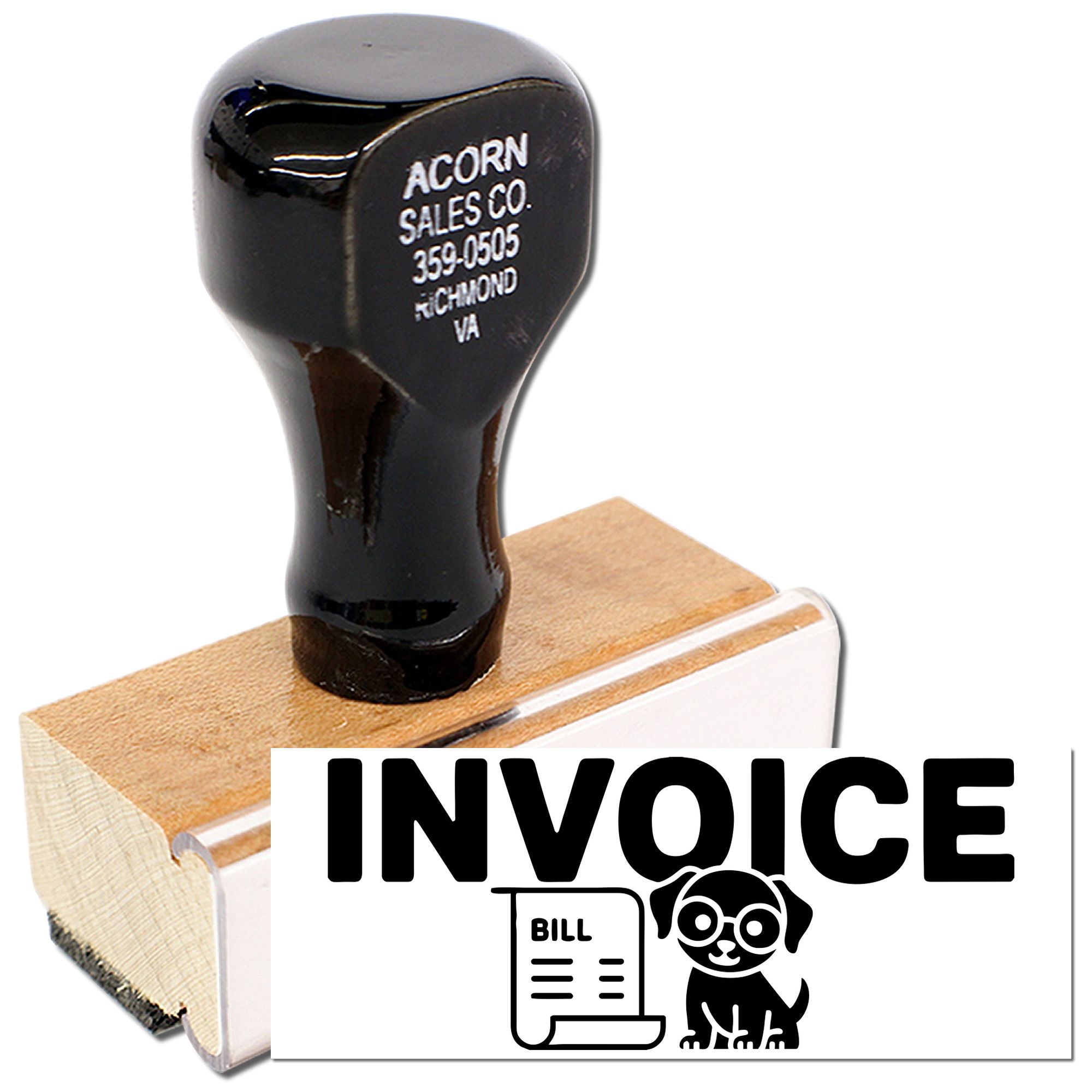 Custom invoice rubber stamp with bill and dog icon for pet service billing and paperwork.