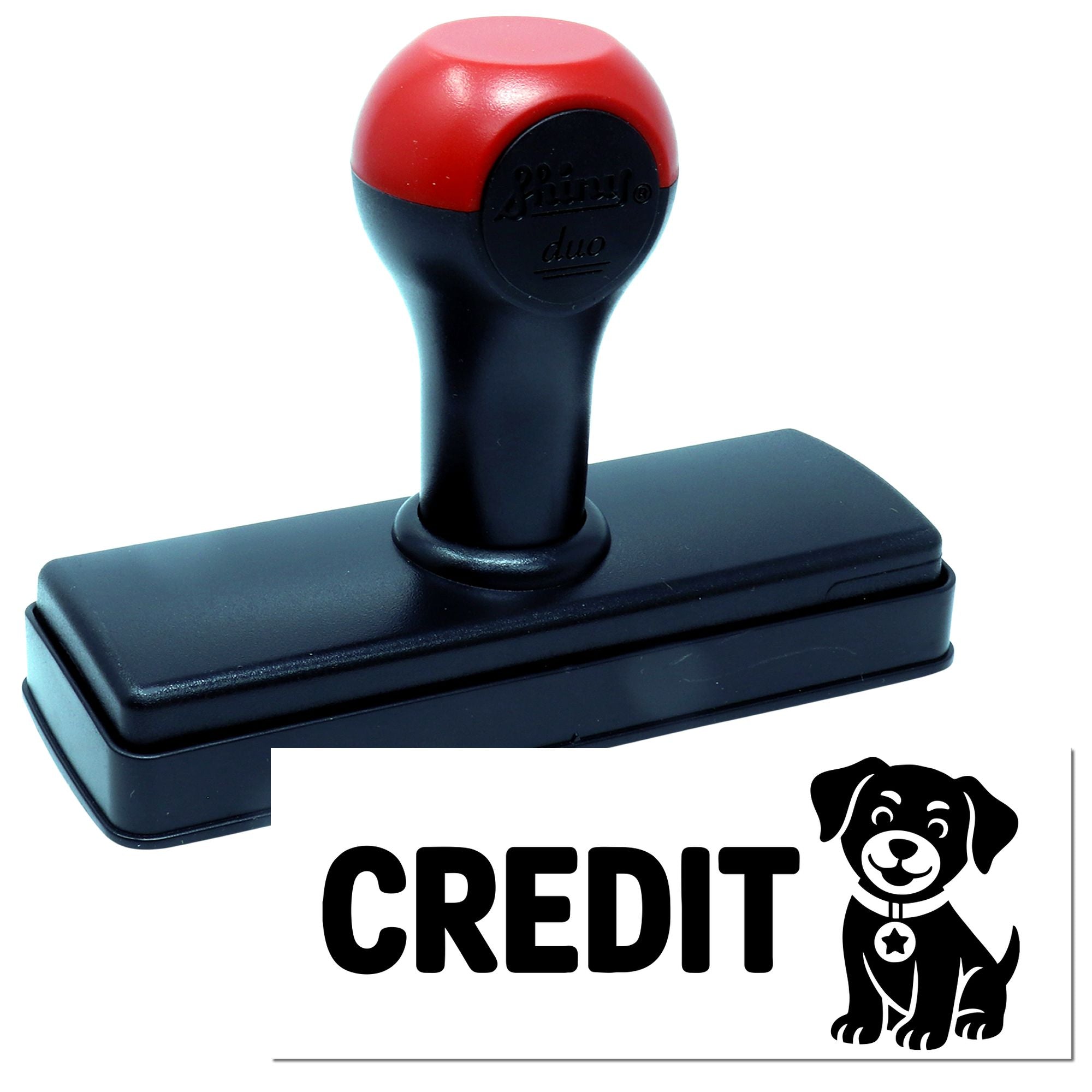 Self-inking rubber credit stamp with custom dog logo, ideal for office bookkeeping and accounting approvals.