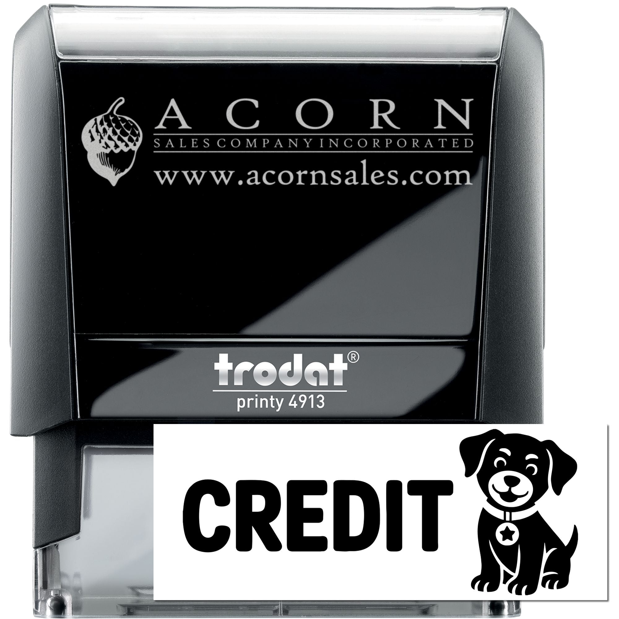 Custom self-inking rubber stamp with Acorn Sales Company logo and website, plus credit stamp for business use.
