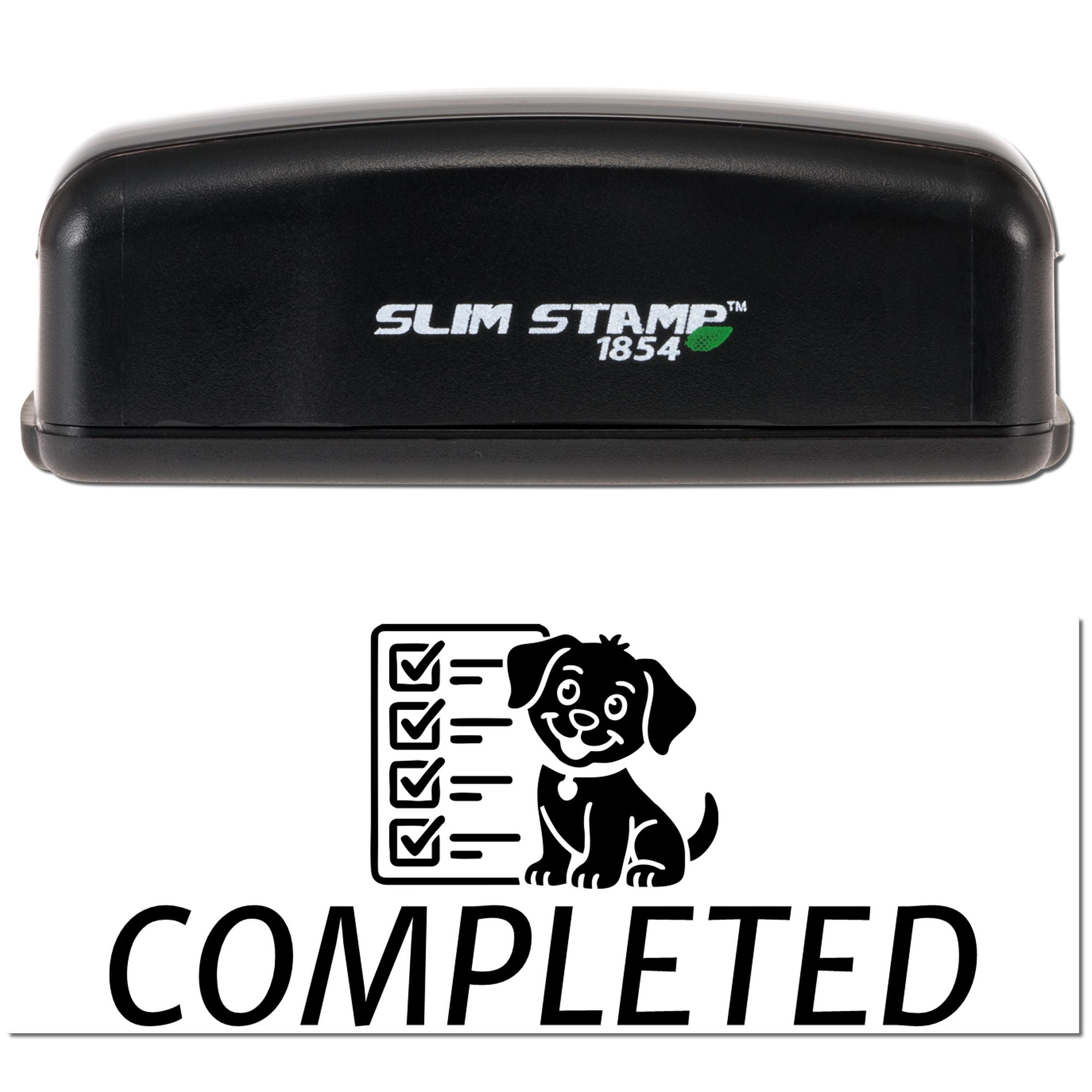 Slim Stamp 1854 self-inking rubber stamp featuring a Completed dog checklist design for office approval and task tracking.