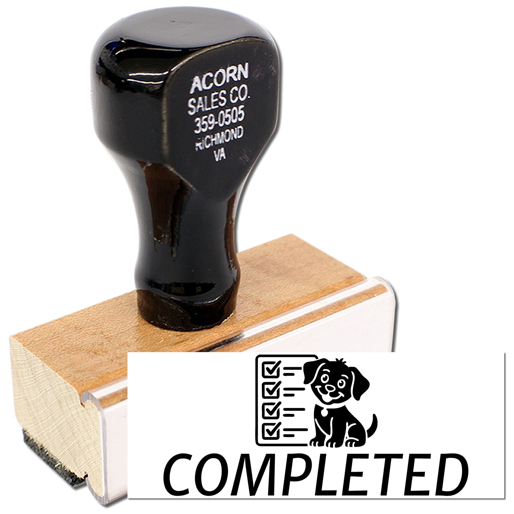 Custom wood handle rubber stamp with Completed checklist dog icon for office approval and task completion.