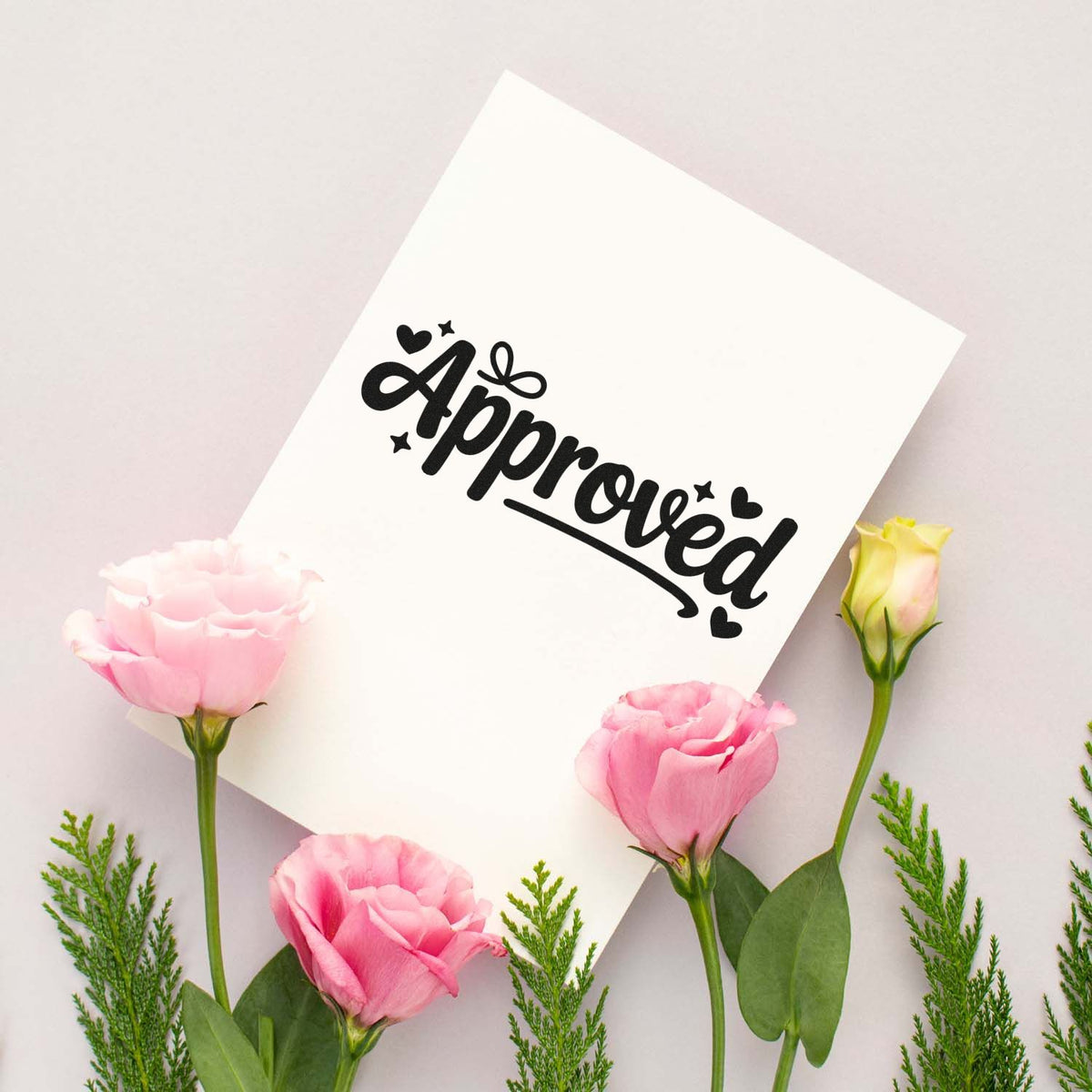 Approved rubber stamp mockup on floral card, ideal for custom business stamps, office approvals, and packaging.