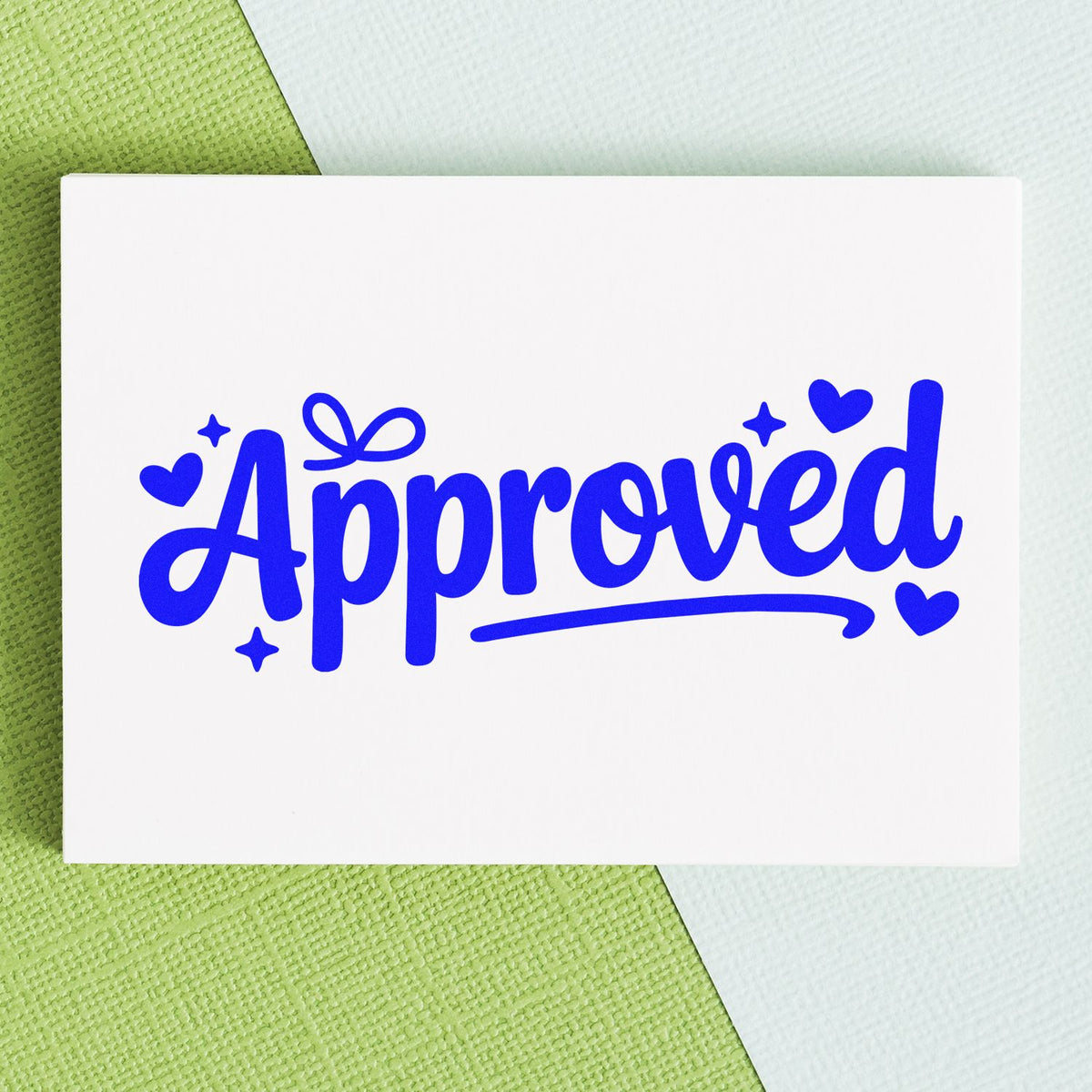 Blue Approved rubber stamp design with hearts and sparkles for custom stationery, packaging, and business approval.