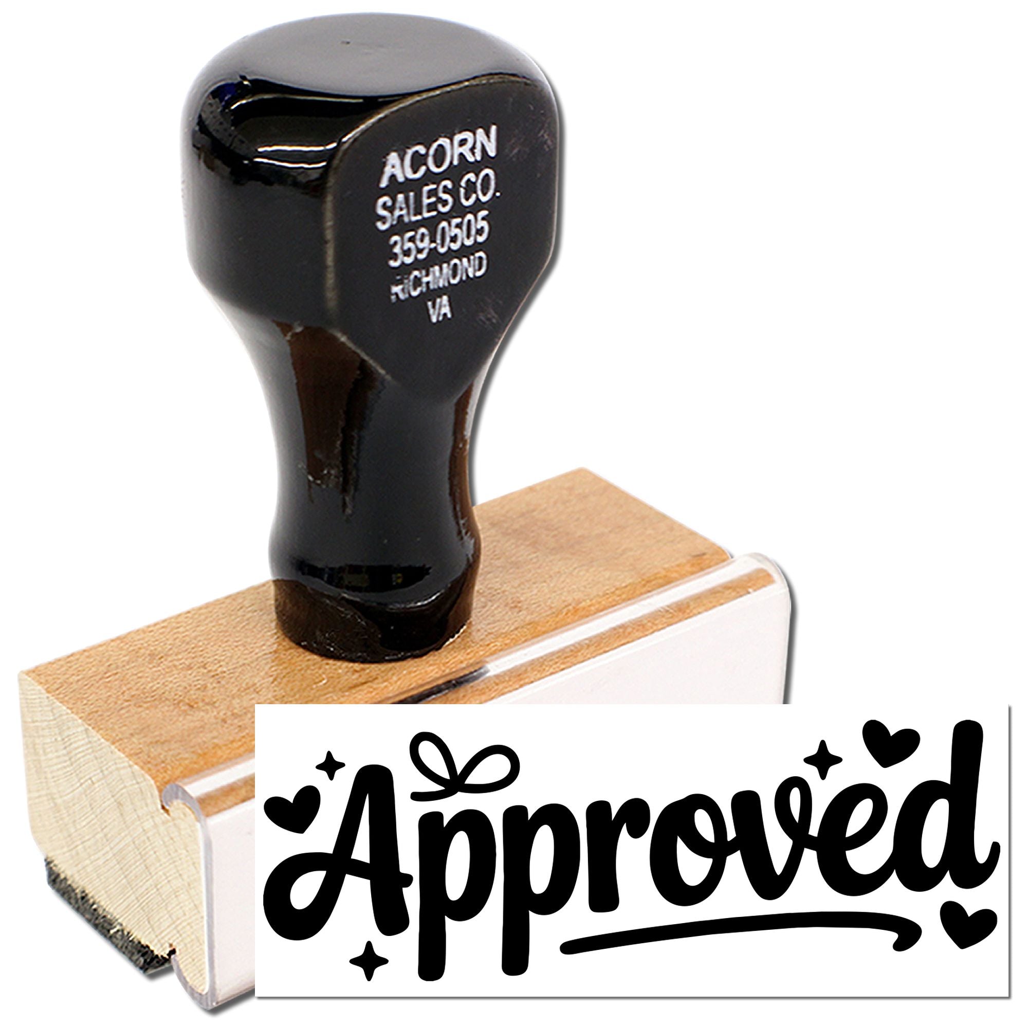 Approved rubber stamp with wooden handle, ideal for office document marking, paperwork, and business approval needs.