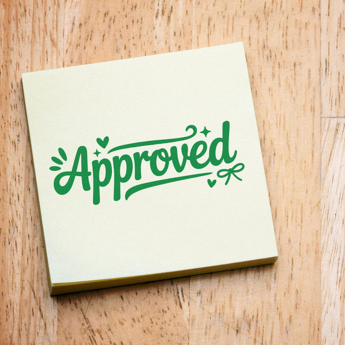 Green Approved rubber stamp design on a note pad, ideal for office, teacher, or business approval stamping.