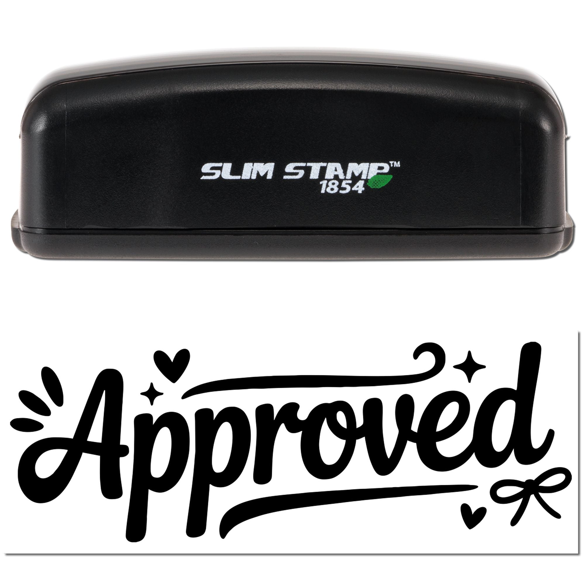 Slim Stamp 1854 self-inking rubber stamp with custom Approved design, hearts, stars, and bow.