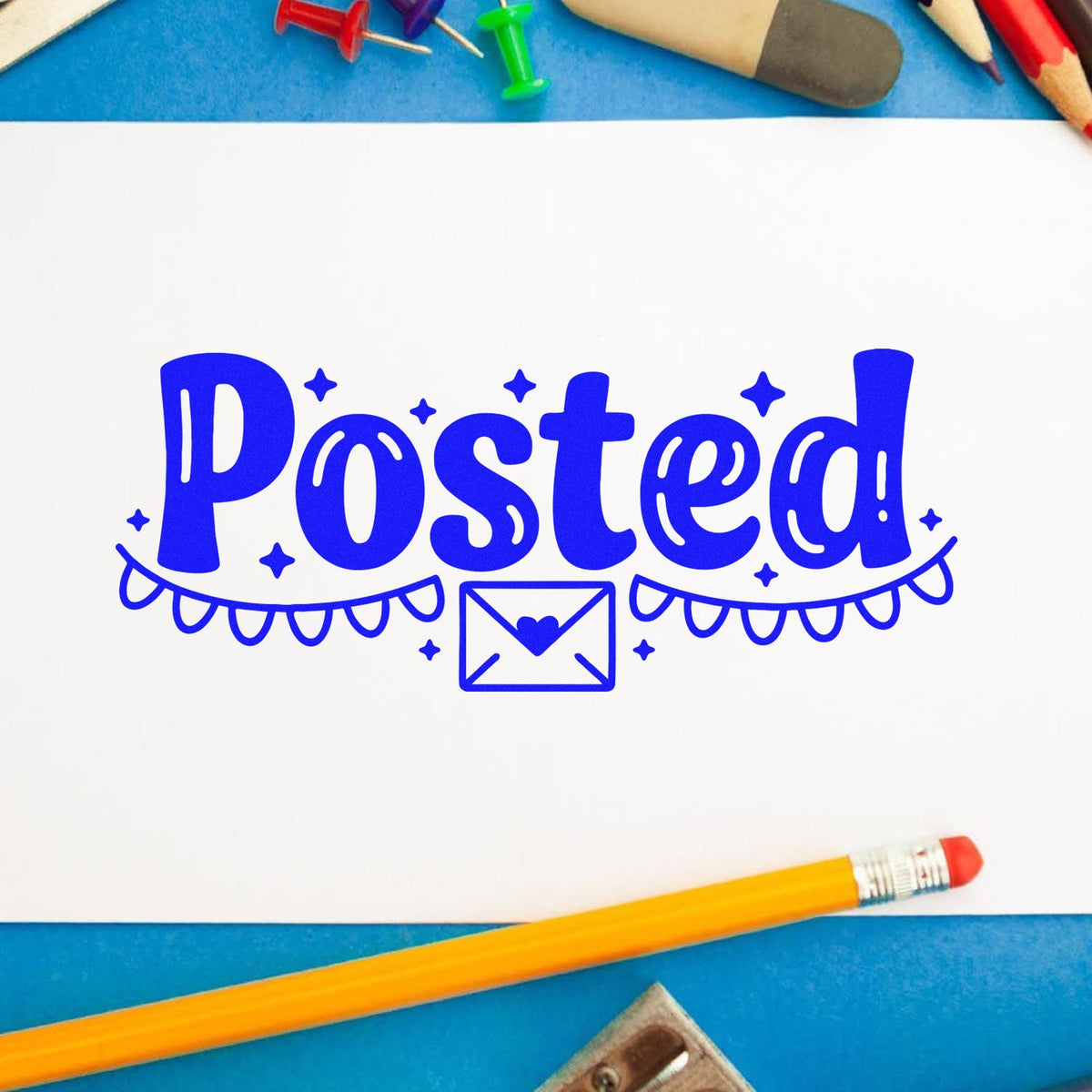 Posted! blue rubber stamp design with envelope icon for mailing, classroom notes, and scrapbooking.