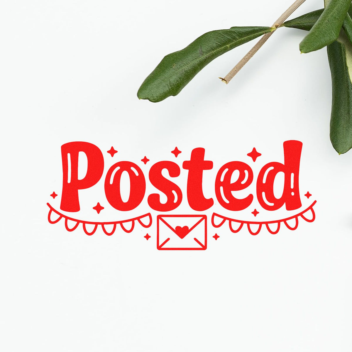 Red Posted! rubber stamp design with envelope heart icon for mailers, packaging, and planner projects.