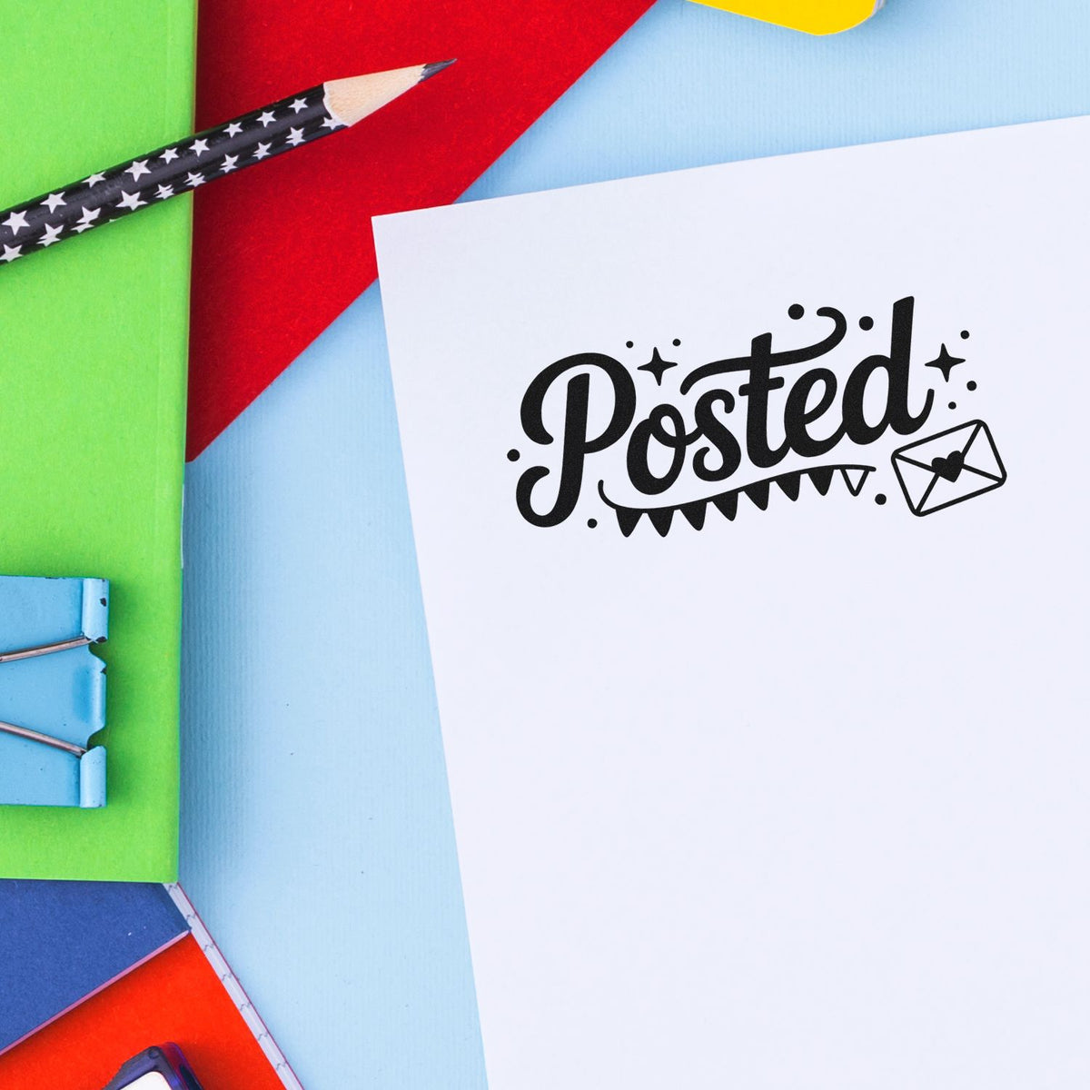 Custom rubber stamp design reading Posted with envelope icon for mailing, stationery, and craft projects.