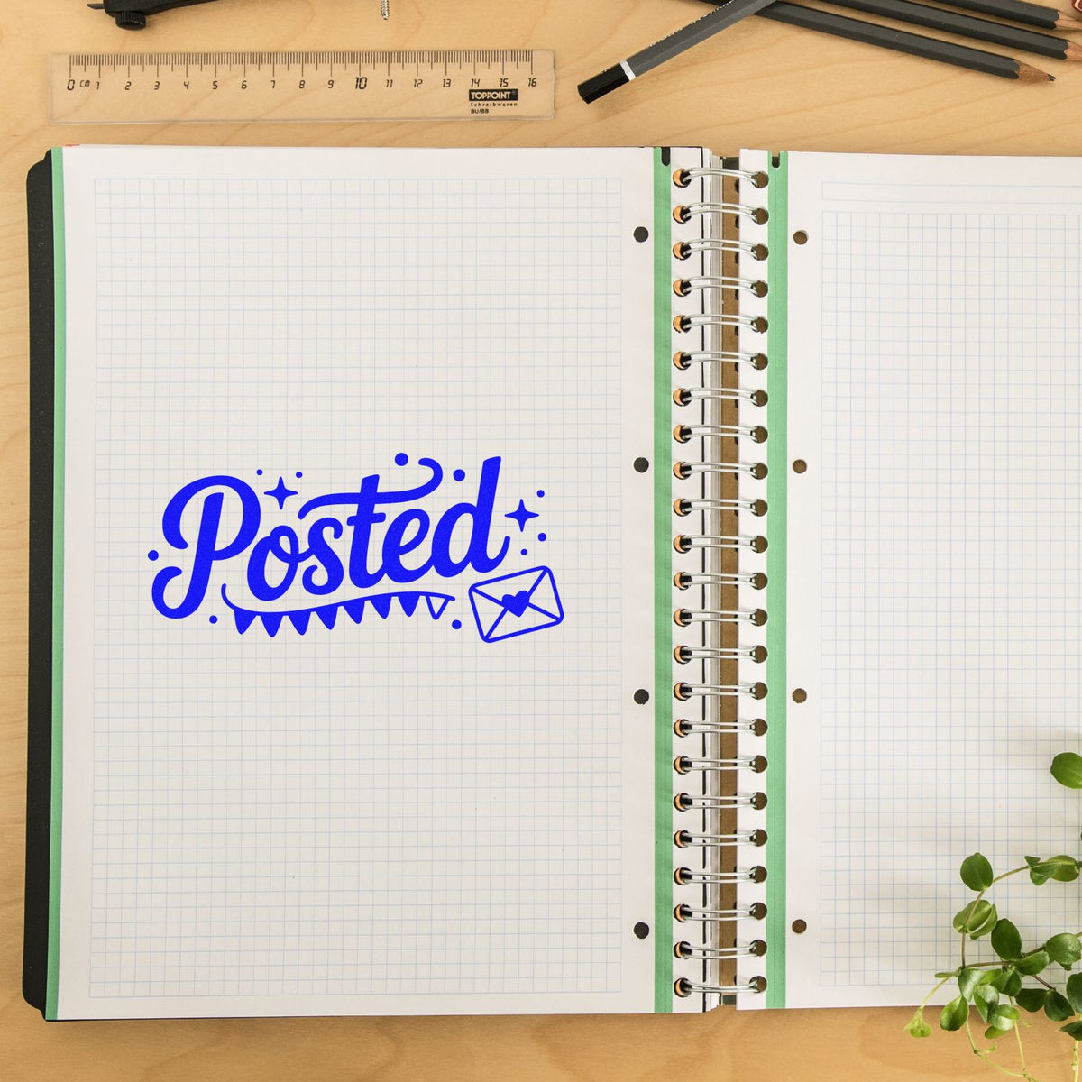 Blue Posted rubber stamp design on a notebook page, ideal for mail, office, and packaging branding.