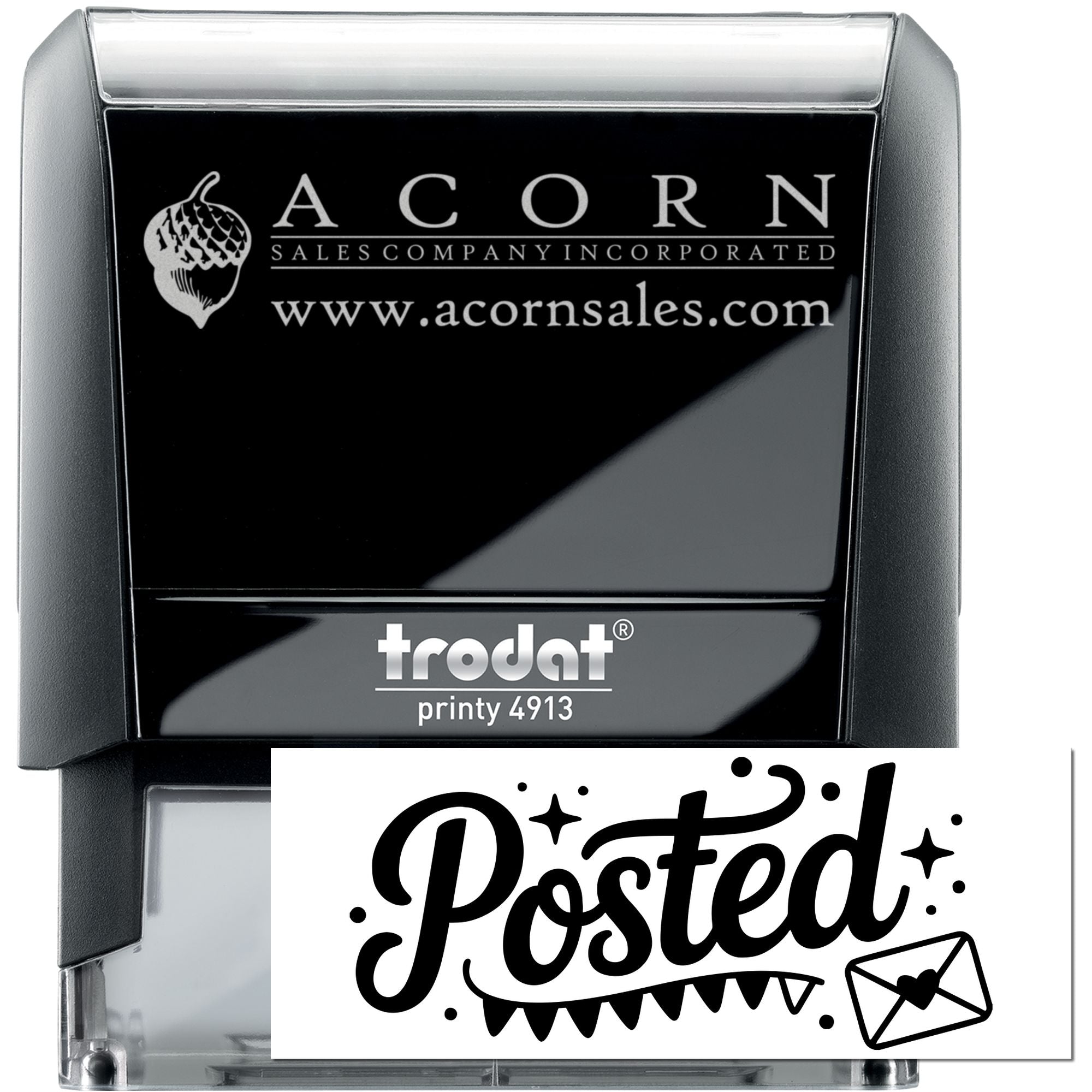 Custom self-inking rubber stamp with Acorn Sales Company logo and website, Trodat Printy 4913 business stamp.