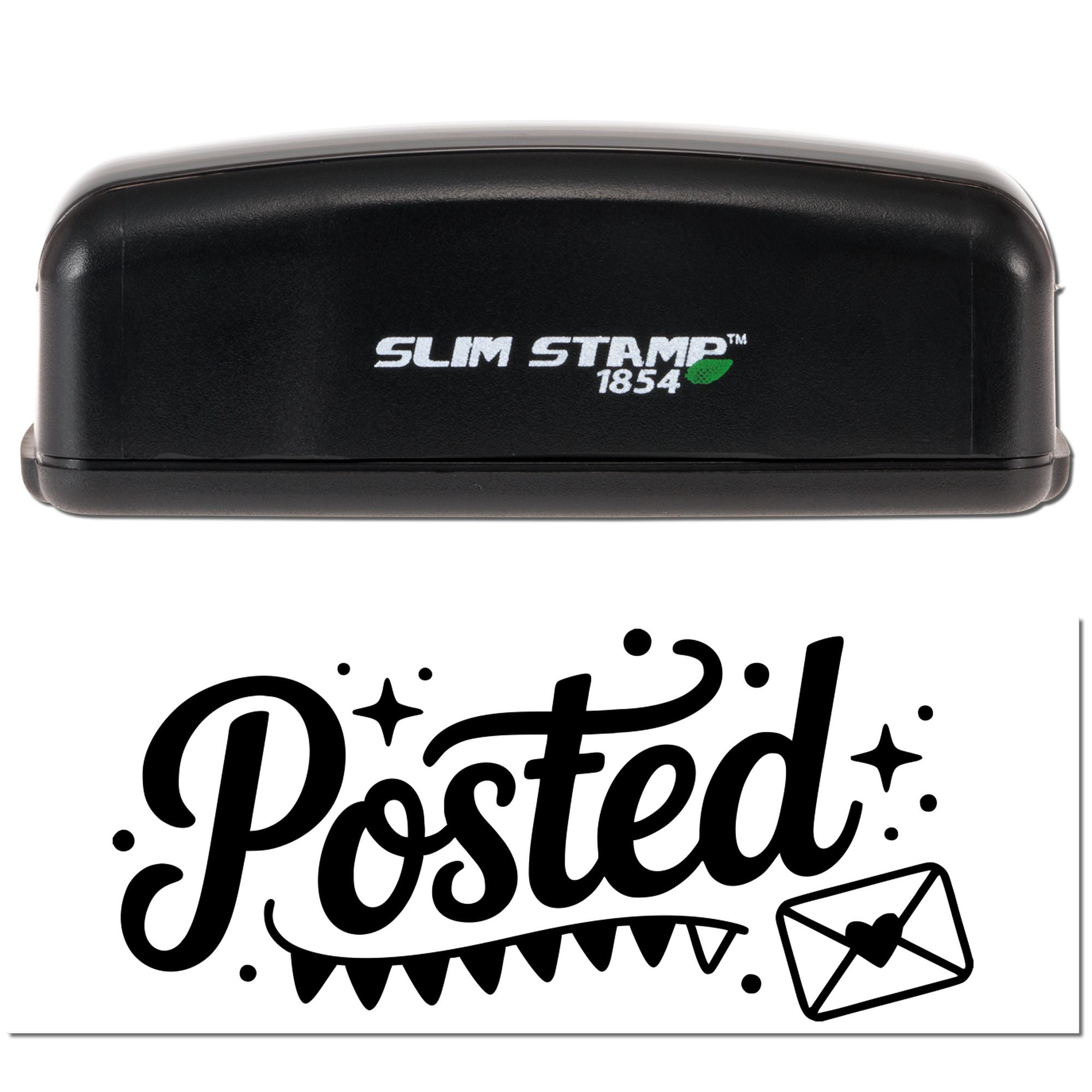 Slim Stamp 1854 self-inking rubber stamp with Posted design sample for custom mail and packaging.