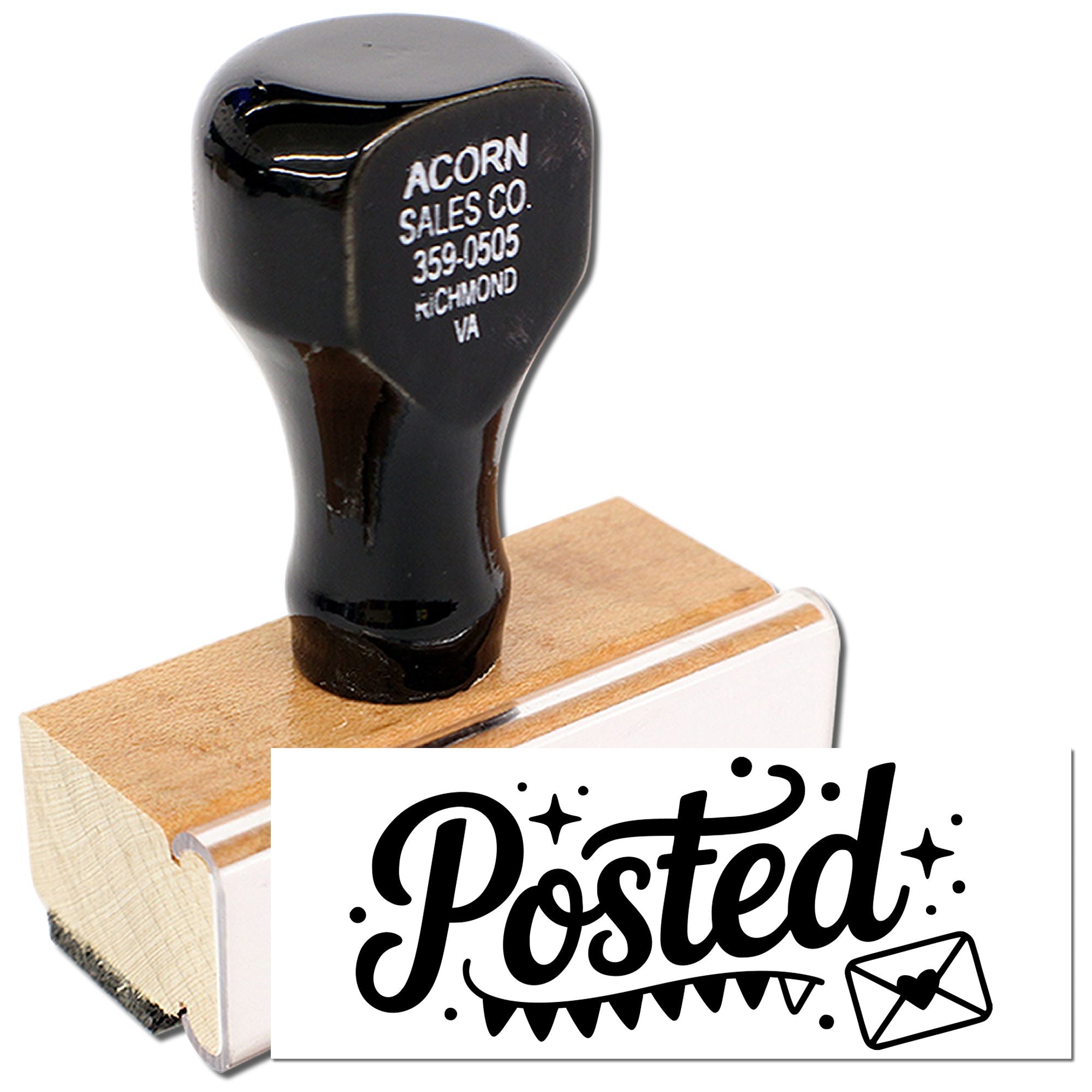 Custom rubber stamp for business mailings, showing return address and Posted design.