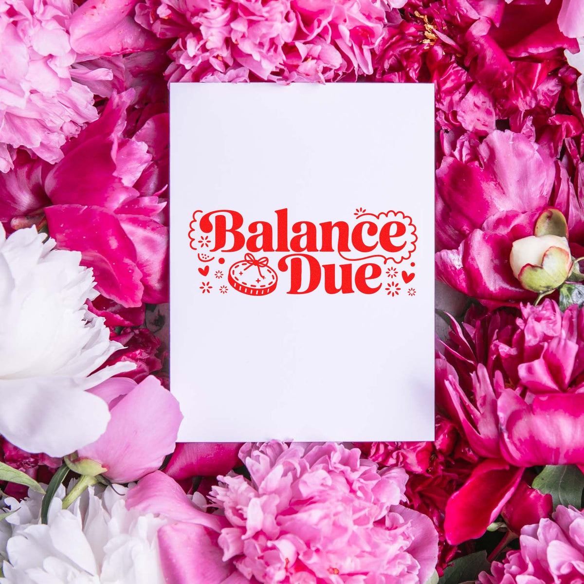 Balance Due rubber stamp design in red on white card with pink floral background for billing and invoice use