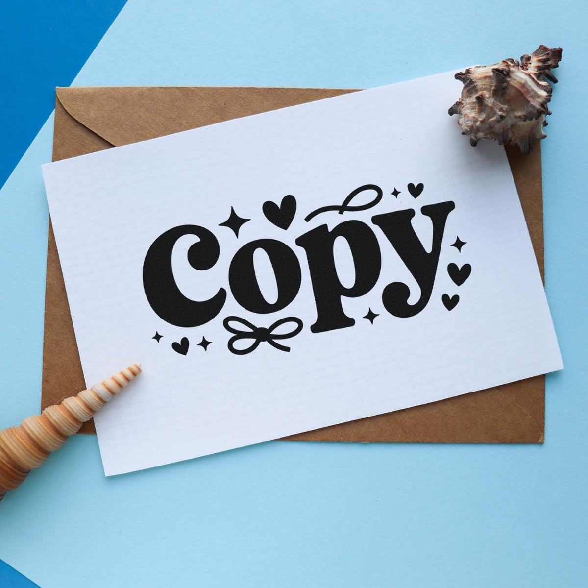 Decorative COPY rubber stamp on white card with envelope, ideal for office mail, stationery, and duplicate document labeling.