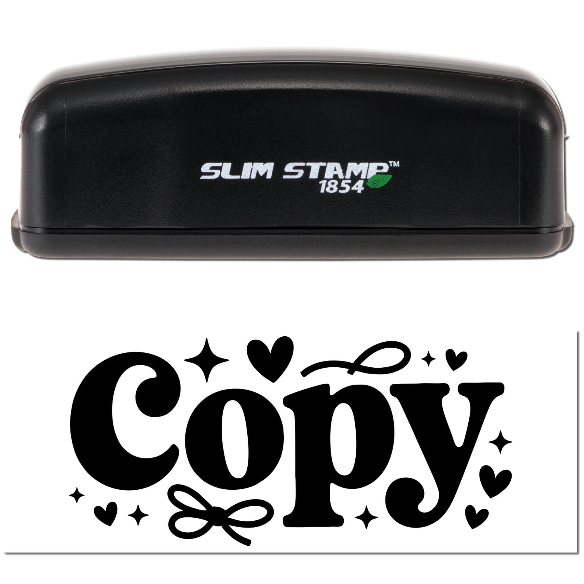 Slim Stamp 1854 self-inking rubber stamp imprint reading Copy with decorative hearts and sparkles.