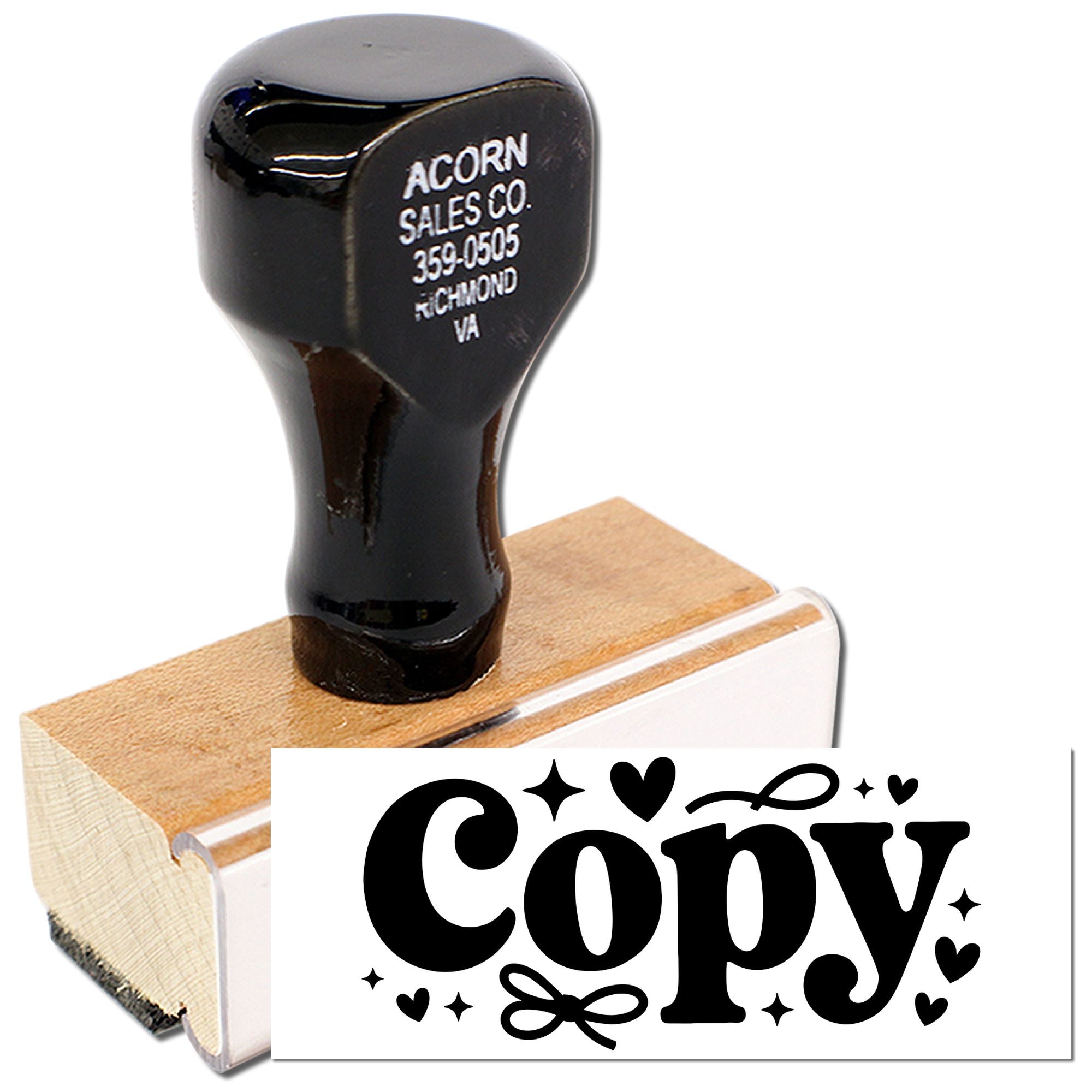 Custom rubber stamp with ornate Copy design and business return address imprint, ideal for office or craft labeling.