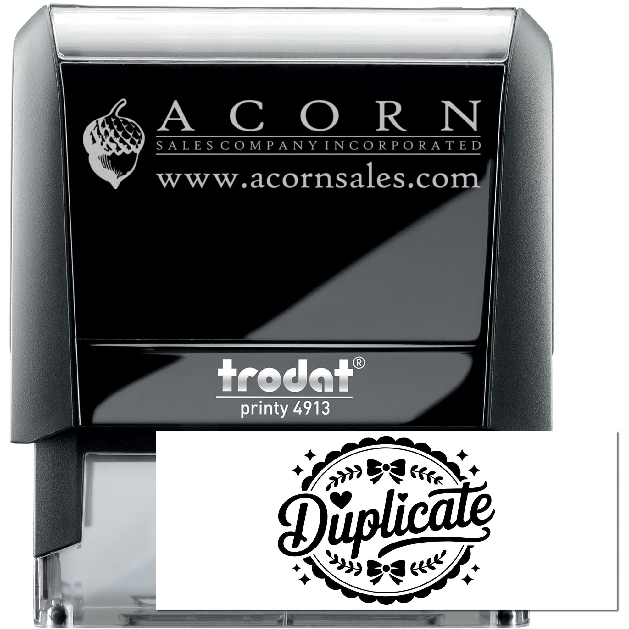 Custom Trodat self-inking rubber stamp with Acorn Sales Company logo, website and duplicate imprint for business branding.