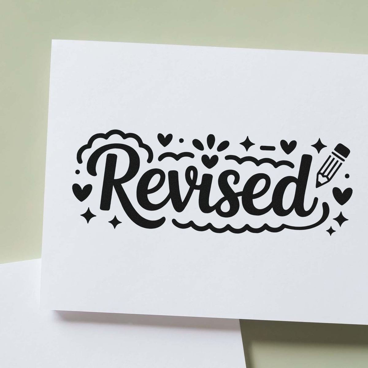 Revised rubber stamp design with hearts, stars, and pencil icon for document editing, approval, or revision marking.