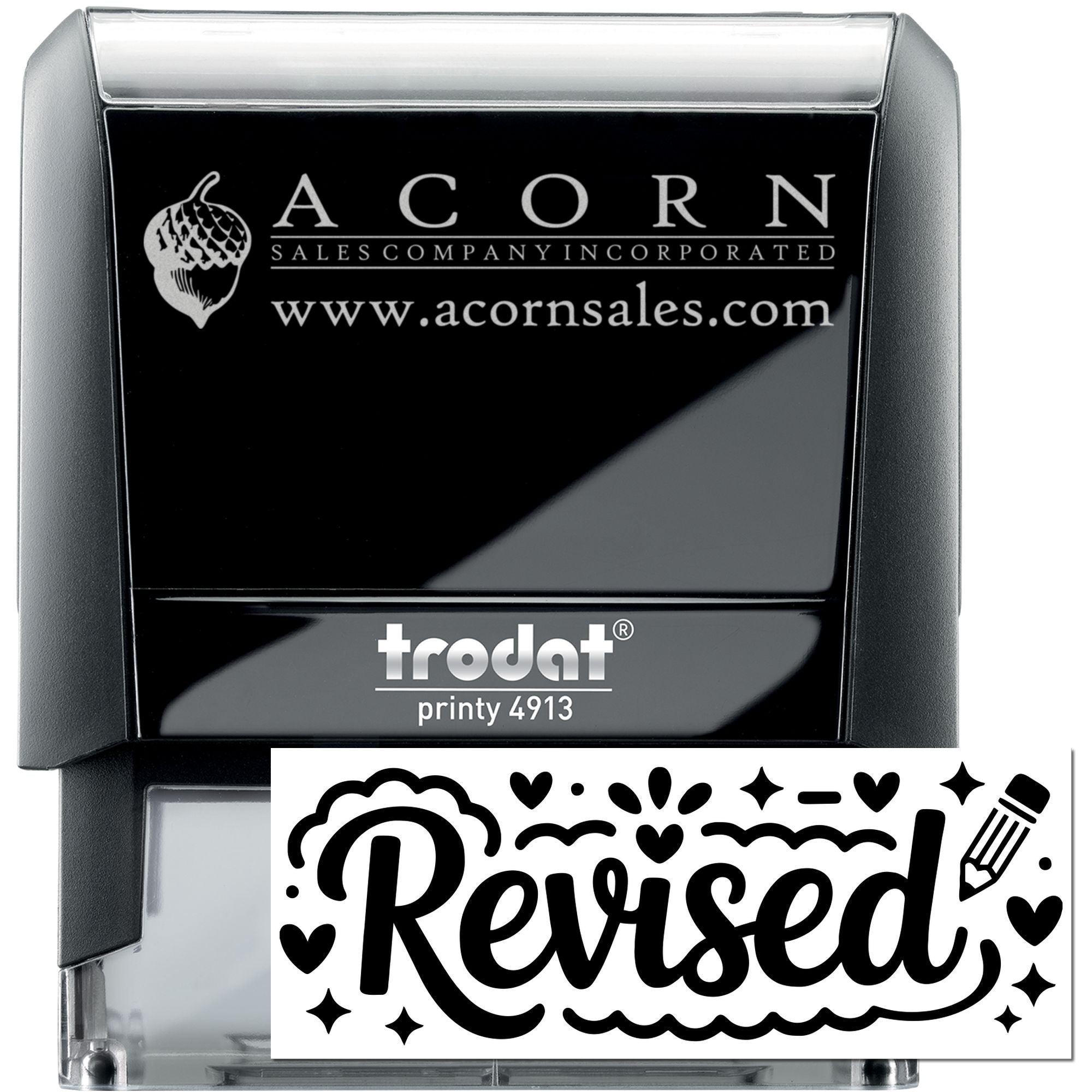 Custom self-inking rubber stamp, Trodat Printy 4913, featuring Acorn Sales Company logo and revised stamp design.