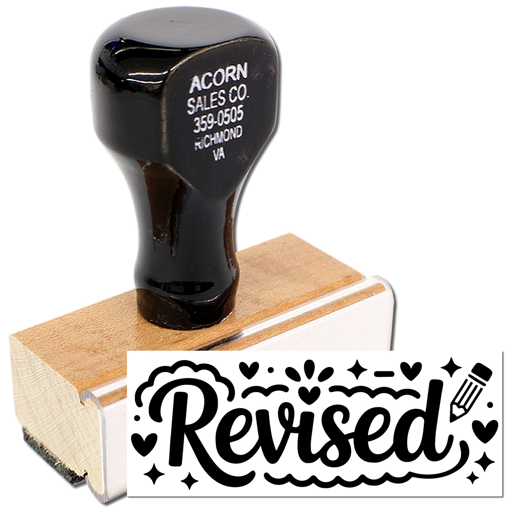 Revised rubber stamp with decorative lettering for marking documents, forms, and office approvals.