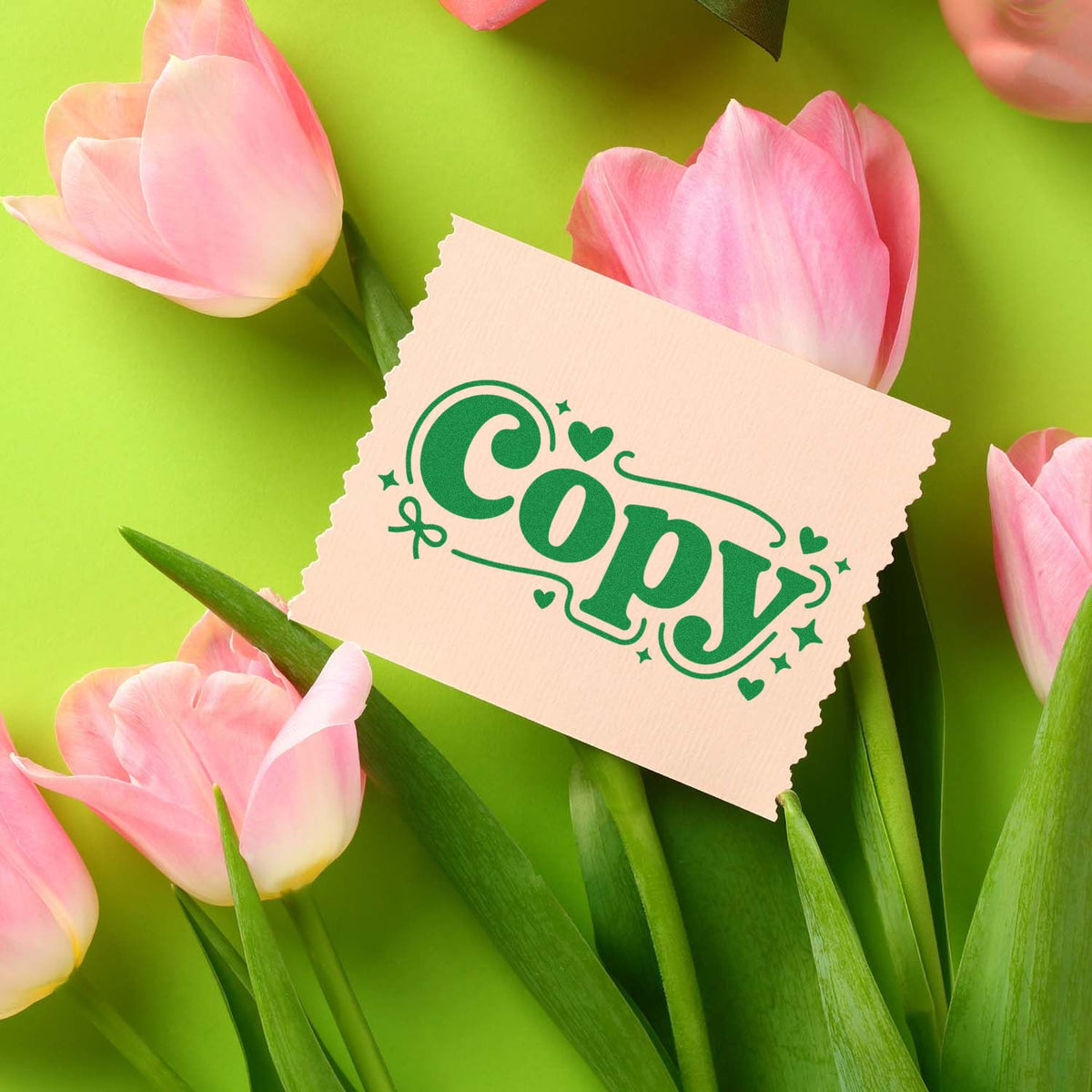 Copy rubber stamp design on floral stationery with pink tulips, perfect for office document marking and branding.