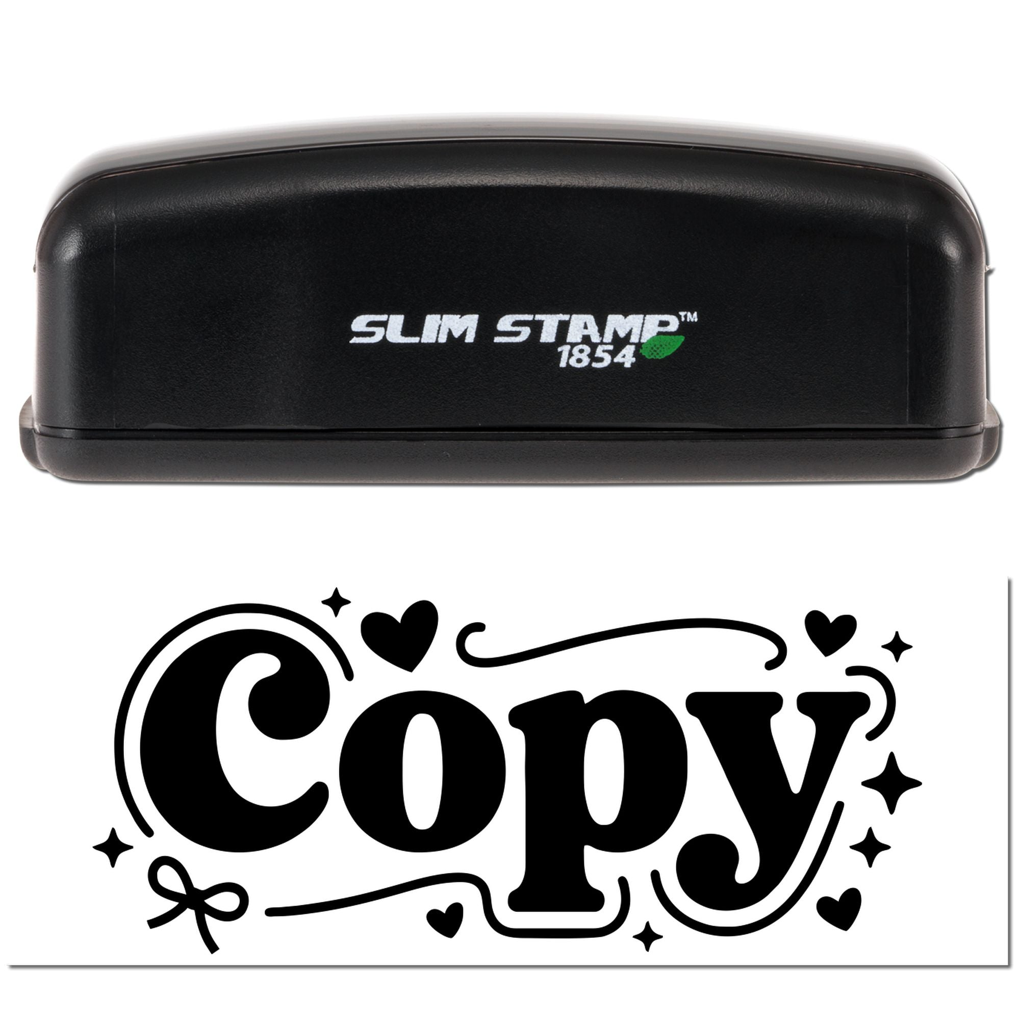 Slim Stamp 1854 rubber stamp mockup with decorative Copy design, ideal for custom office or business labeling.