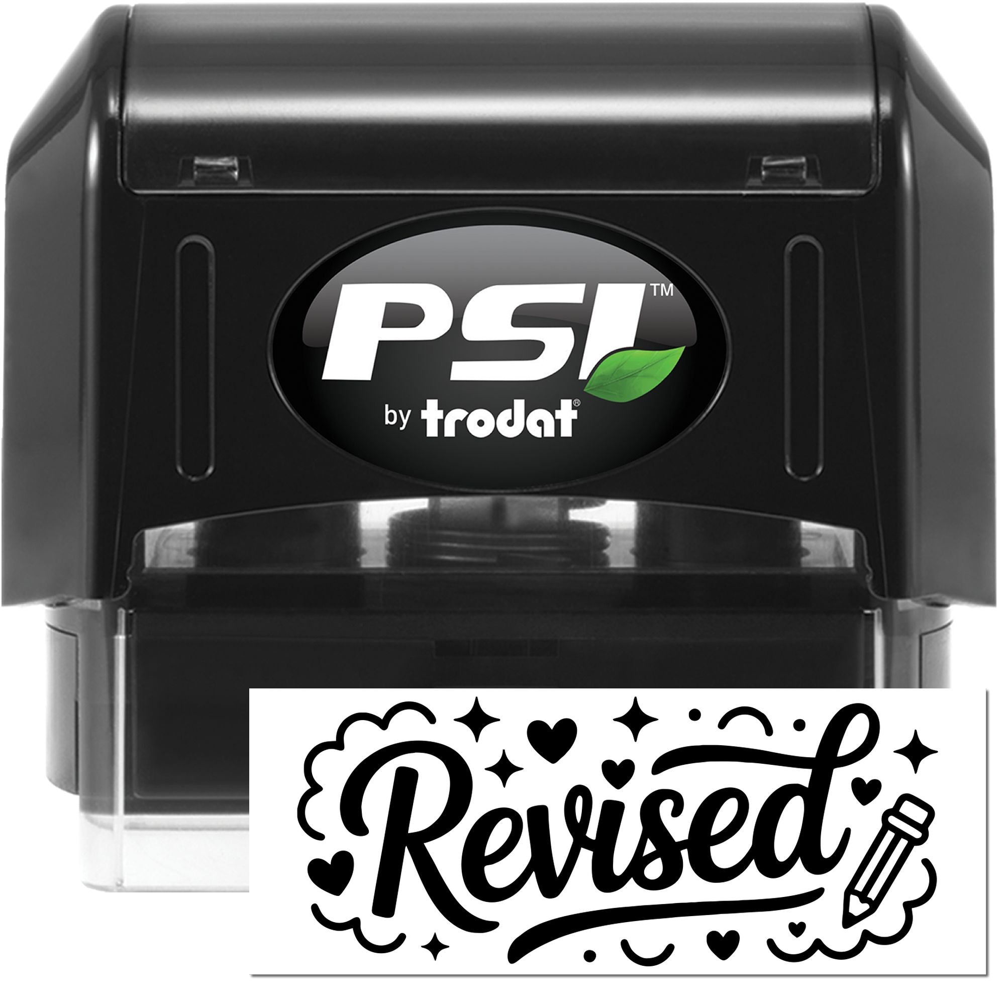 PSI by Trodat self-inking rubber stamp with Revised impression for document approval and office record marking.