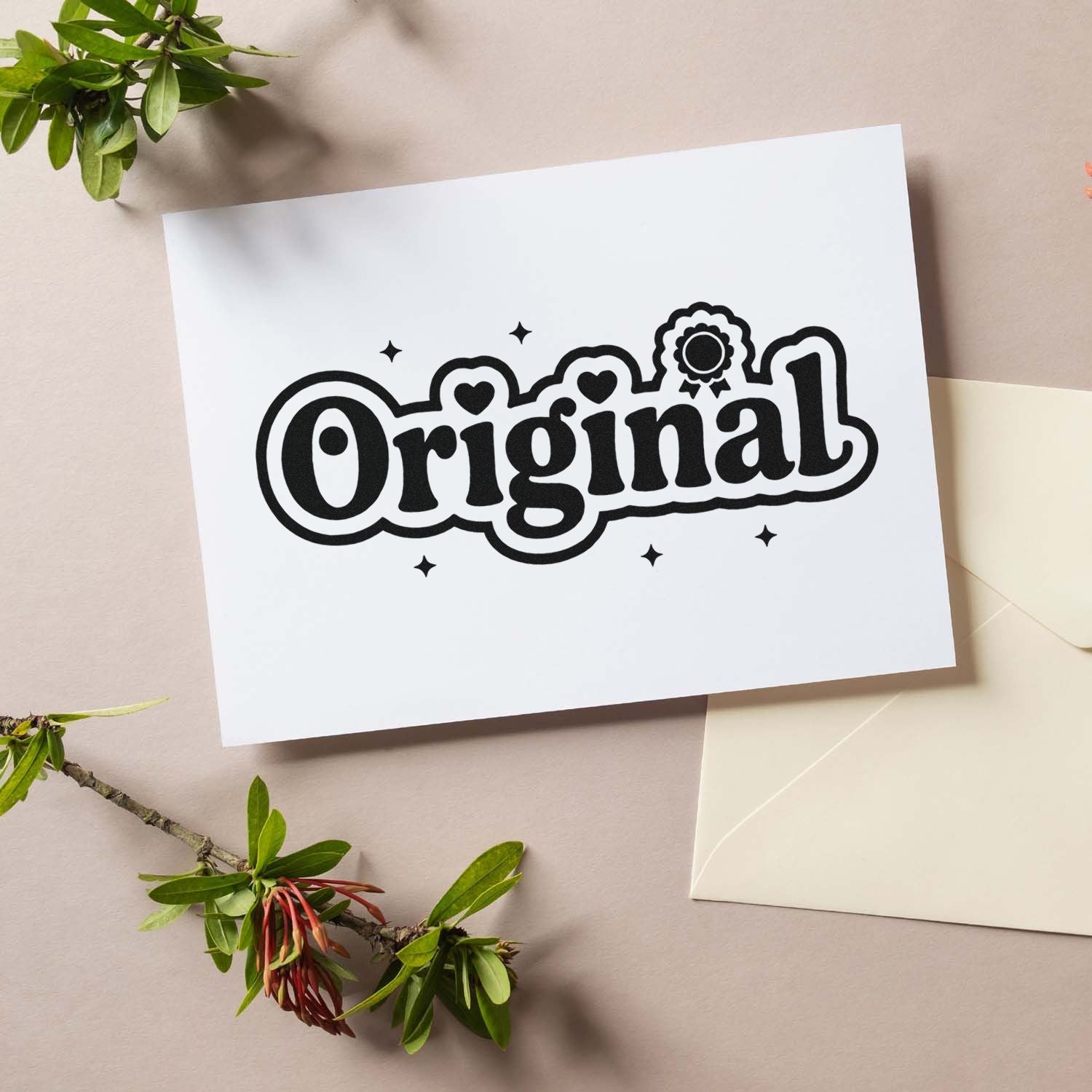 Original rubber stamp design with bold retro lettering, hearts, and stars for custom branding, packaging, or crafts.