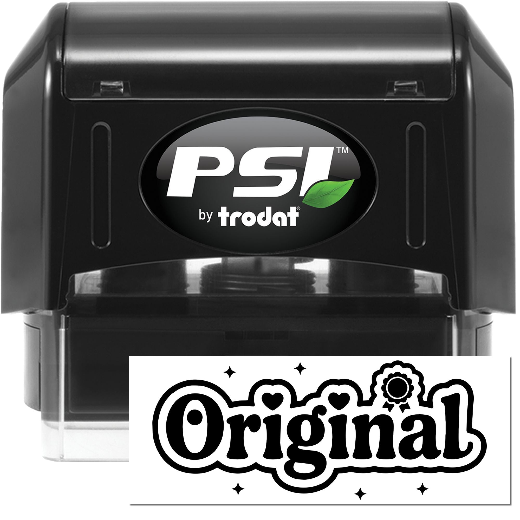 PSI by Trodat self-inking rubber stamp with decorative Original imprint for custom branding and packaging.